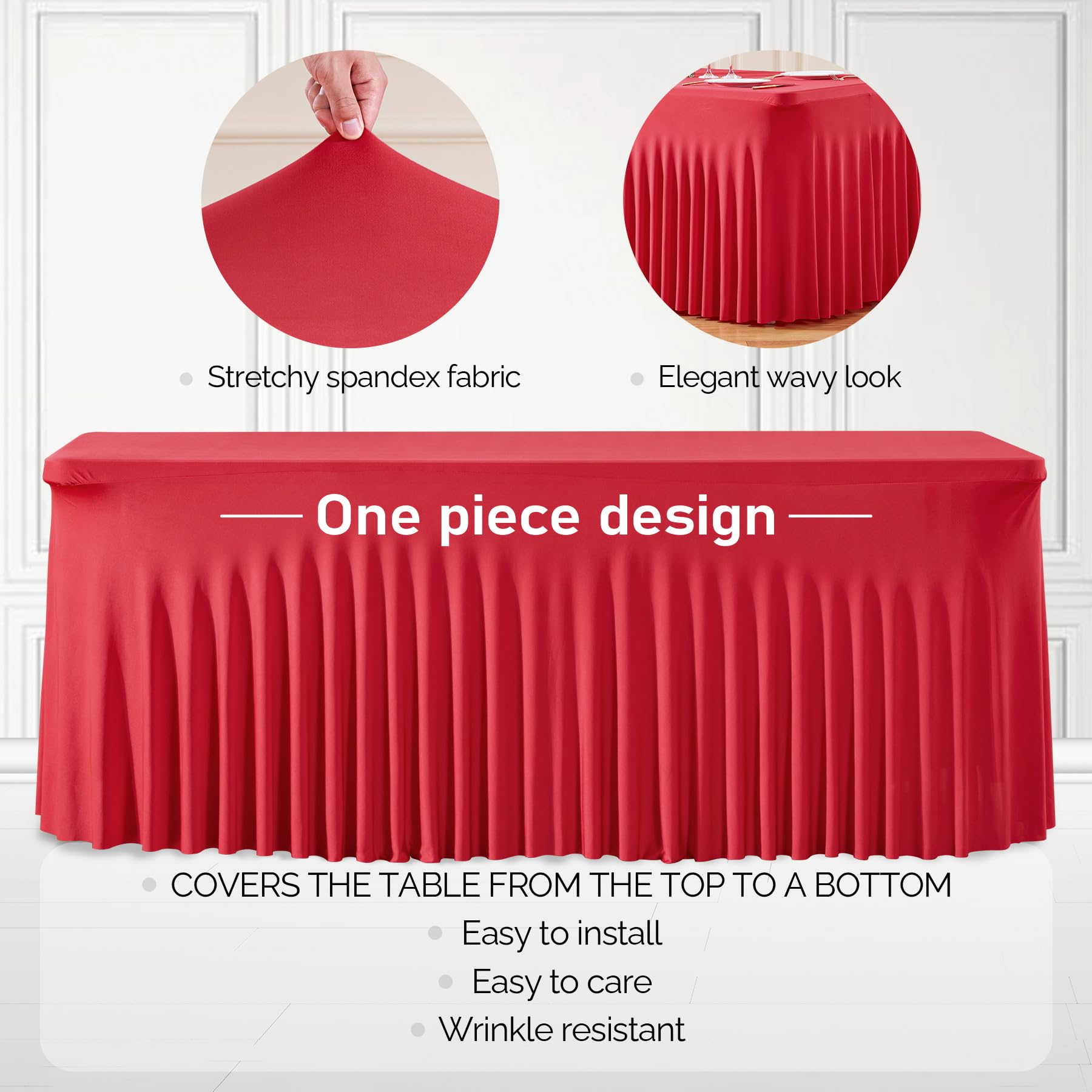 2 Packs Red Table Clothes for 8 Foot Rectangle Tables, Wrinkle Resistant Stretch Spandex Table Covers Fitted Tablecloth with Skirt for Valentines Event Banquet Wedding Birthday Party