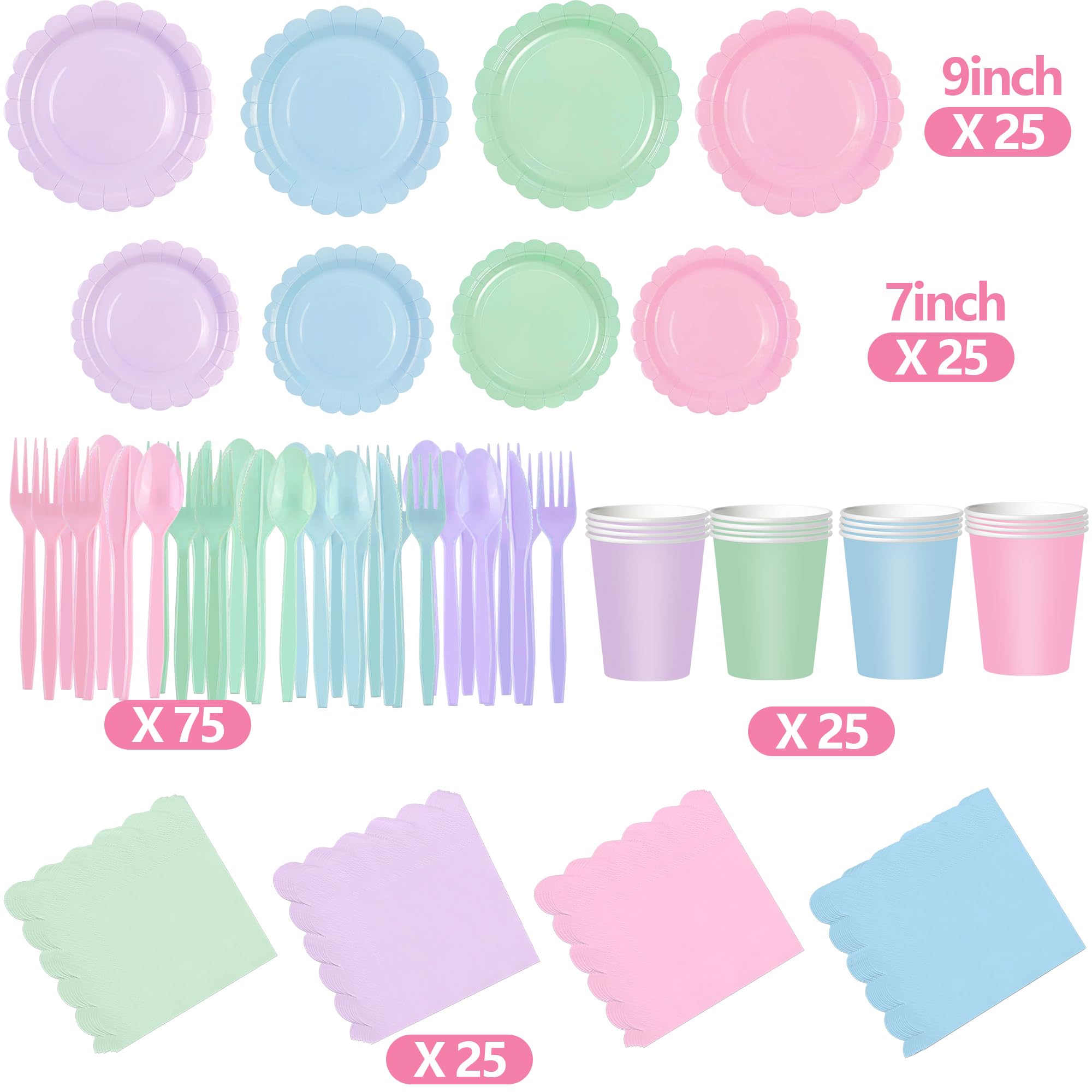 CUUSNNY 175 Pcs Pastel Plates and Napkins Party Supplies, Serves 25