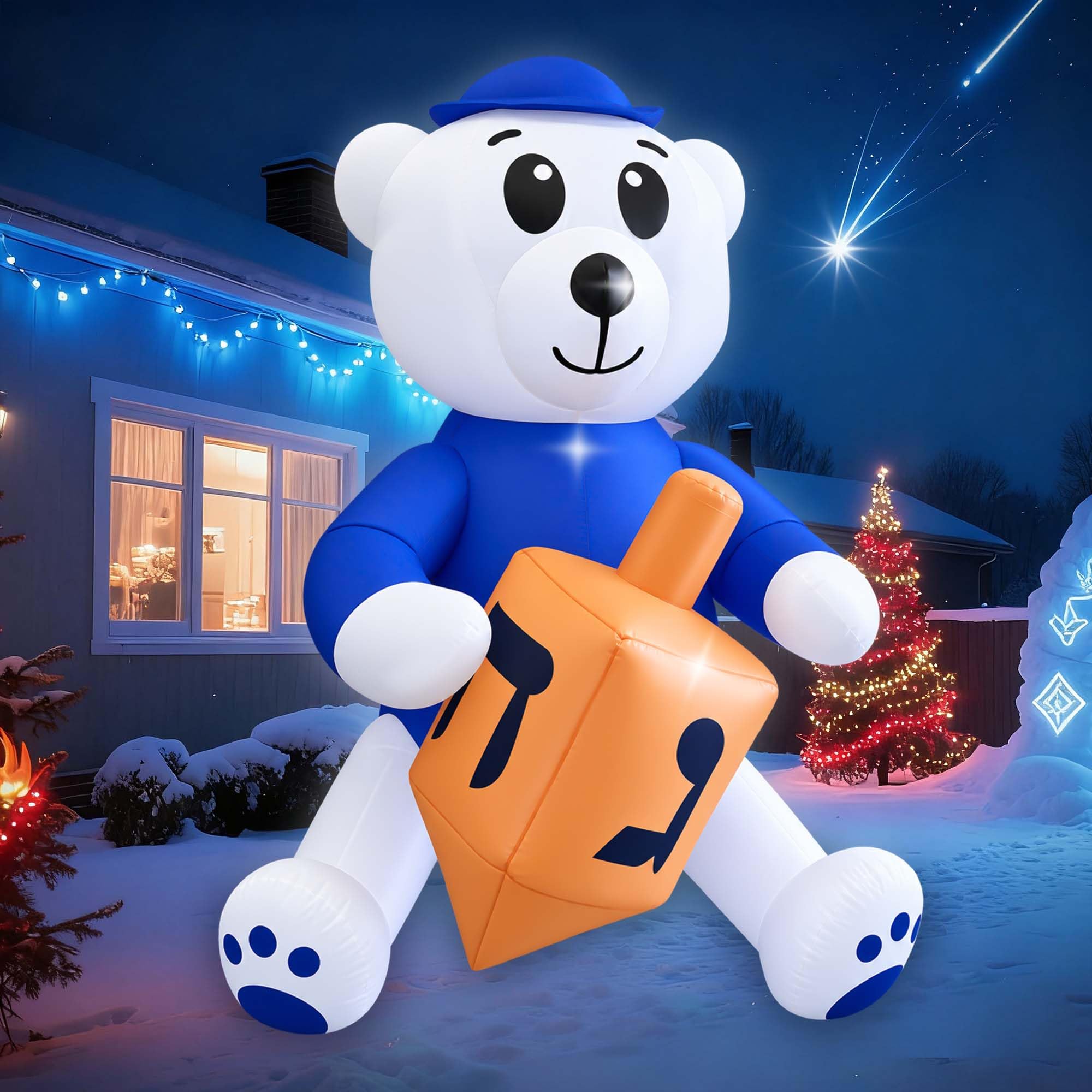 SEASONBLOW 4.5FT Hanukkah Inflatable Polar Bear Holding a Dreidel Decoration, Lighted Blow Up Decor for Indoor Outdoor Home Garden Lawn Yard