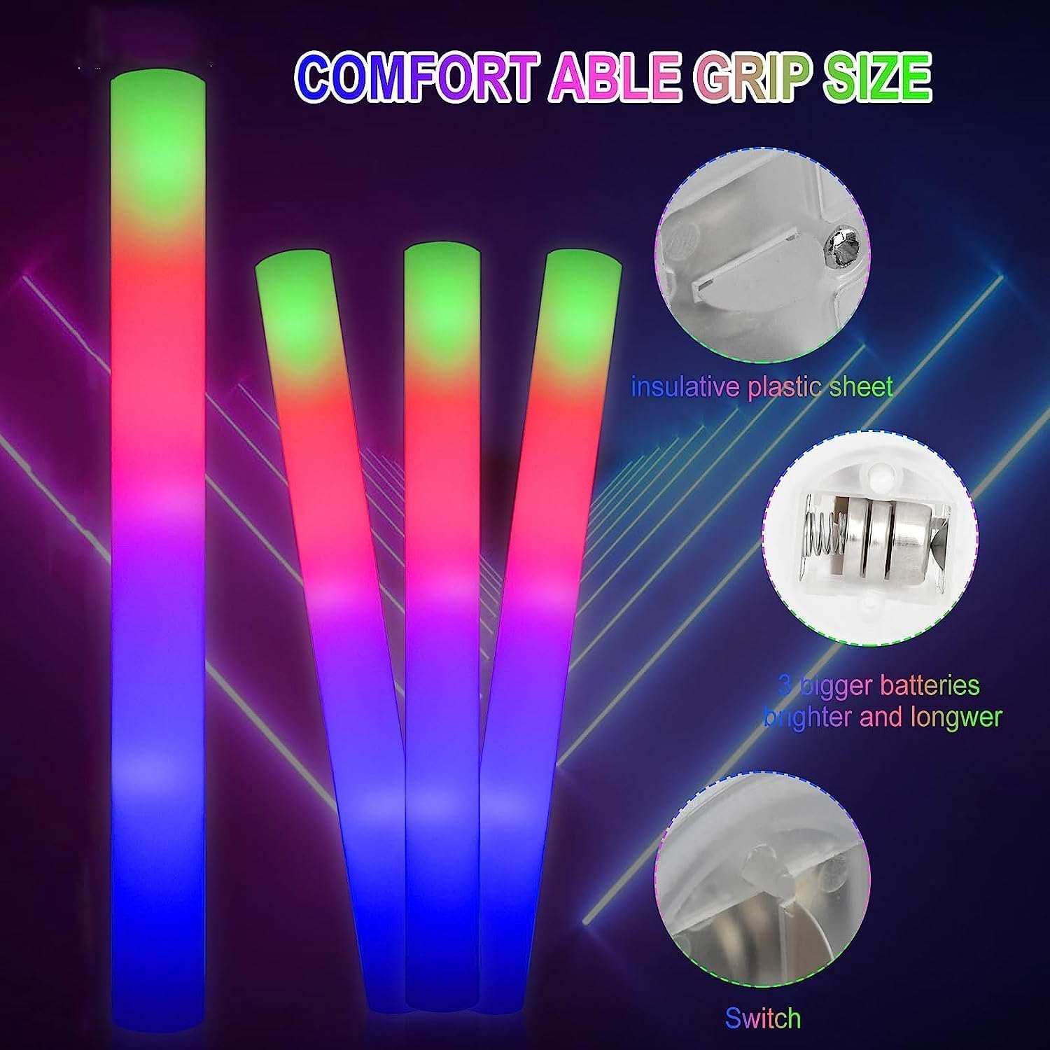 Blu7ive 199pcs Glow Sticks Bulk,Led Foam Sticks 3 Flashing Modes light up foam sticks Glow in The Dark Party Supplies glow sticks for Wedding Christmas , Birthday ,Concerts, DJ