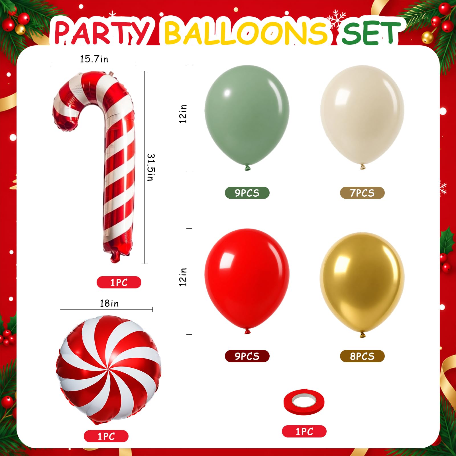 Froova Christmas Balloons, 12Inch Red Green Gold and Candy Cane Balloons