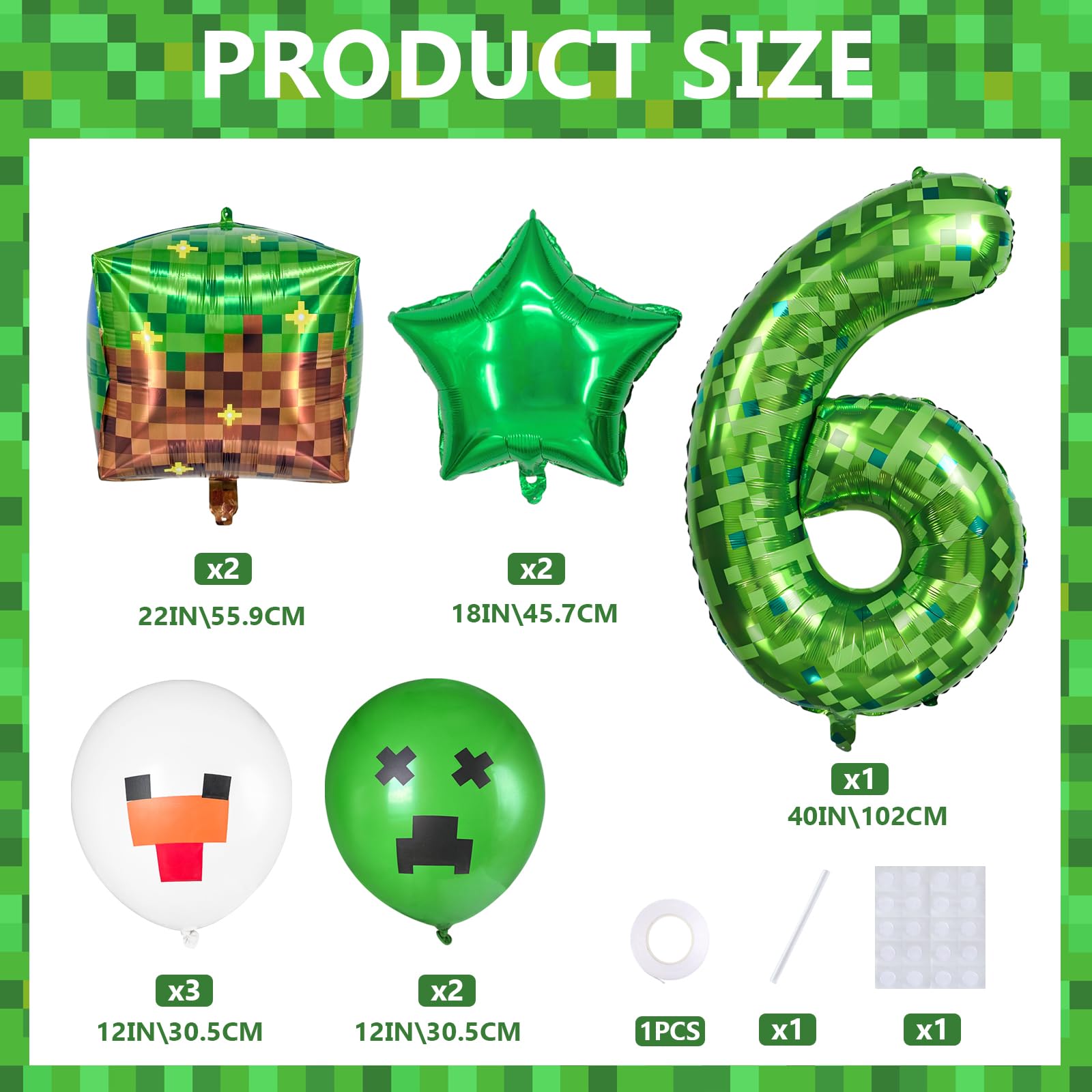 FJZEPIN 40 Inch Giant Green Pixel Miner Themed Number Foil Balloons, Mining Green Birthday Party Decorations Bundle 0-9 Optional Kids Anniversary Balloon Party Supplies (Number 6)