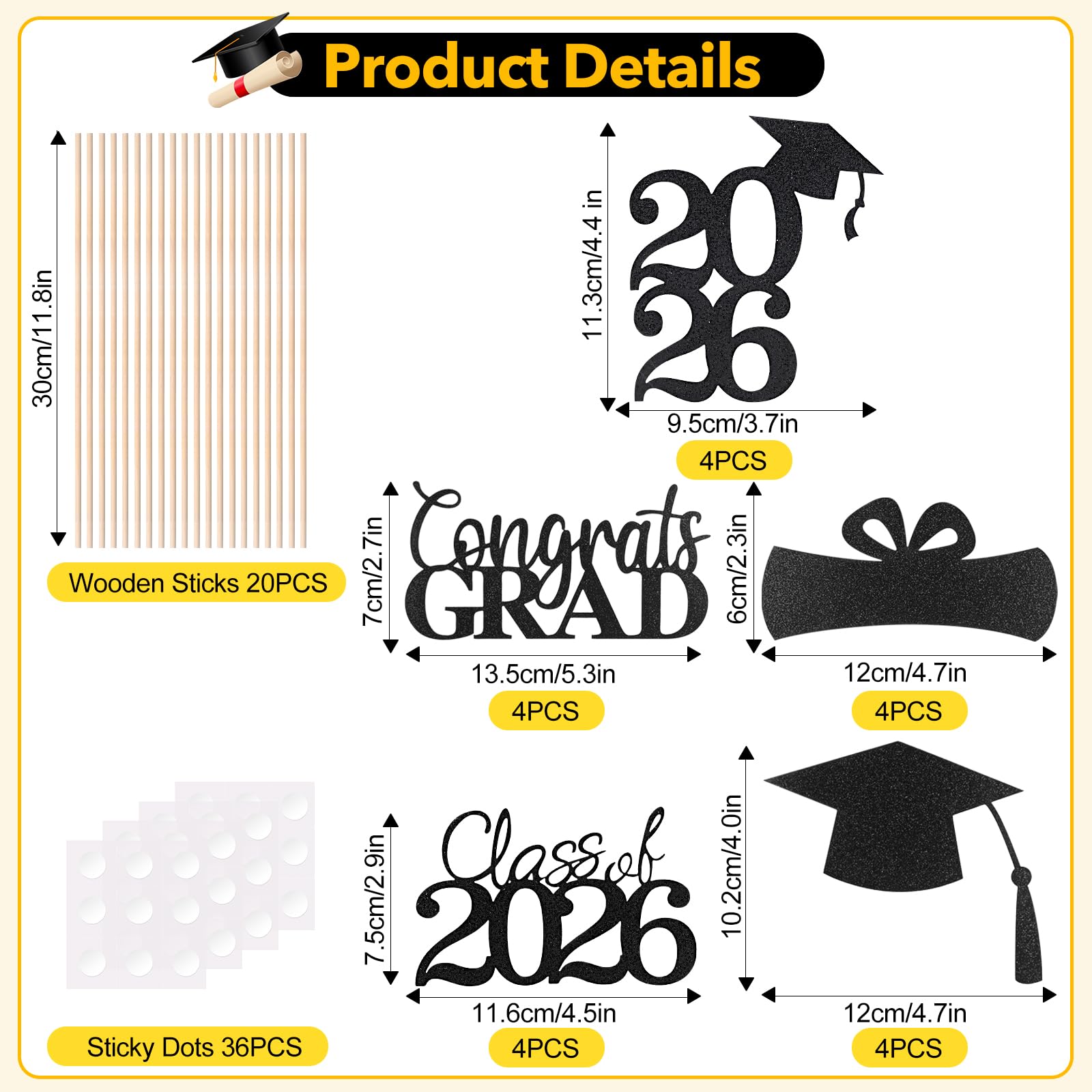 Cyunda Graduation Decorations 2026, 20 PCS Sparkling Black Double-Sided Centerpiece Sticks for Tables, Class of 2026 Table Toppers and Party Supplies