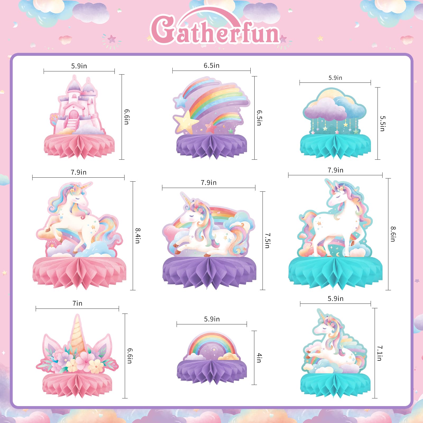 Unicorn Birthday Party Supplies Set - Rainbow Table Decorations with Honeycomb Centerpiece for Unicorn Party Decorations