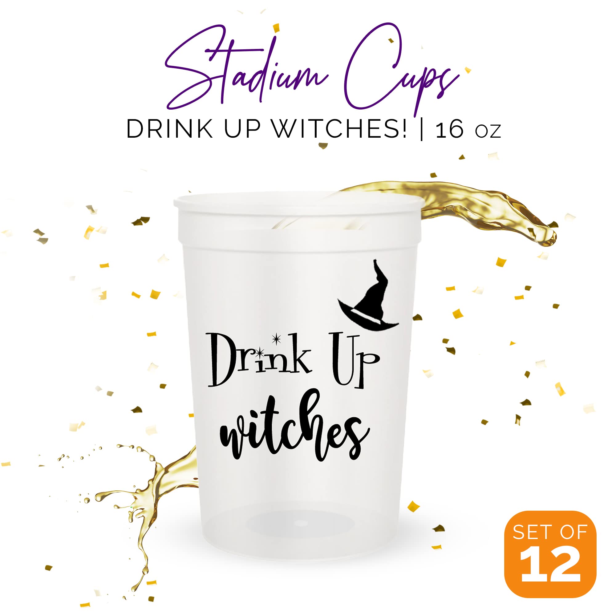 Drink Up Witches Halloween Cups For Adults, Set of 12 Party Cups, 16 Oz Each Reusable Plastic Cup, Halloween Party Favors For Adults, Perfect Spooky Cup for Drinkware and Decorations