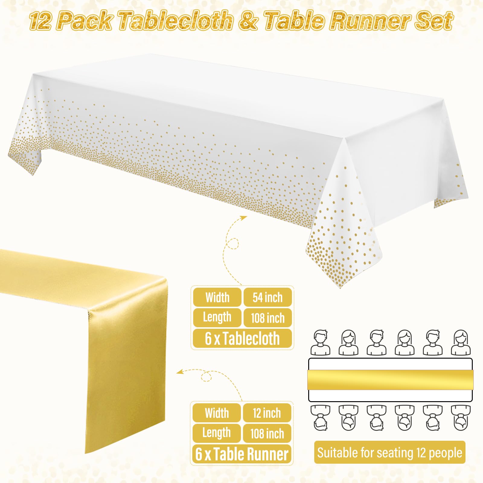 12 Pack White and Gold Tablecloth and Table Runner Set Party Decorations, White and Yellow Gold Plastic Disposable Tablecloth and Satin Table Runner for Wedding Birthday Graduation Anniversary Party