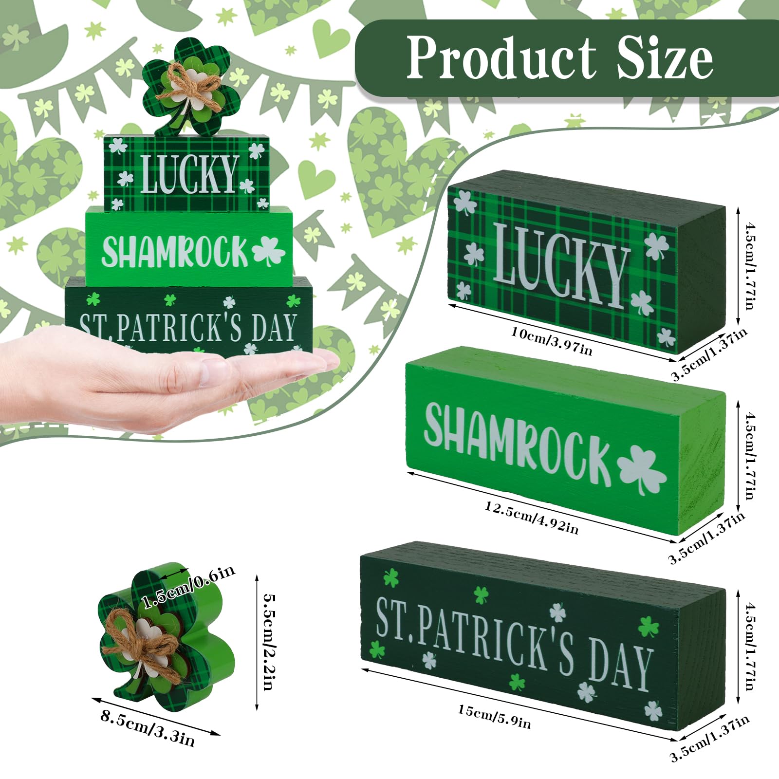 4 Pcs St.Patrick's Day Table Signs Lucky Shamrocks Table Centerpieces Wooden Shamrock Block Signs St Patricks Day Decorations Irish Tiered Tray Decor for Home Office Desk Kitchen Shelf
