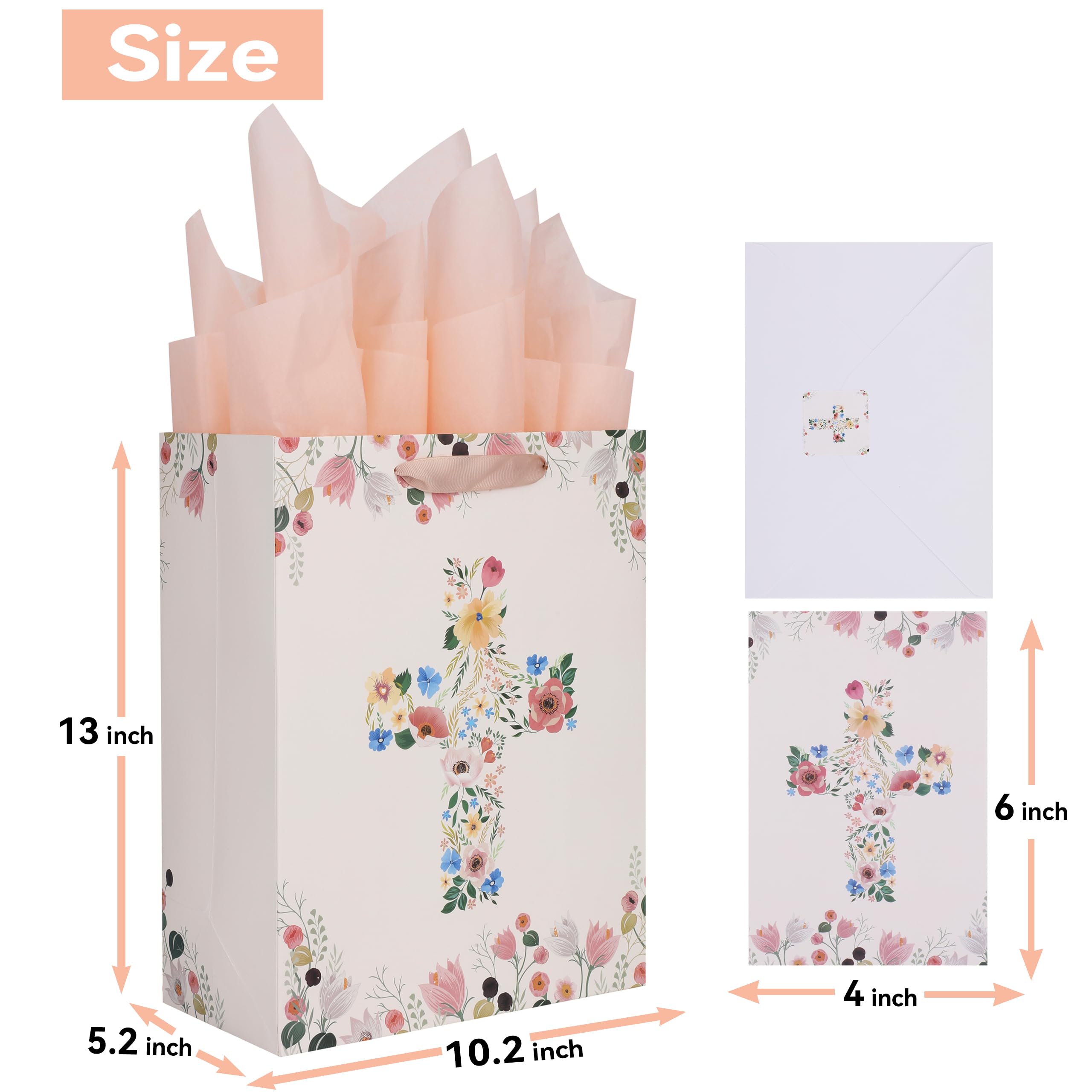 Qirrmiy 13" Large Light Yellow Floral Gift Bag Set with Greeting Card and Tissue Papers for First Communions, Baby Girl Baptisms, Christenings, Religious Occasions - 10.2'x5.2'x13', 1 Pcs.