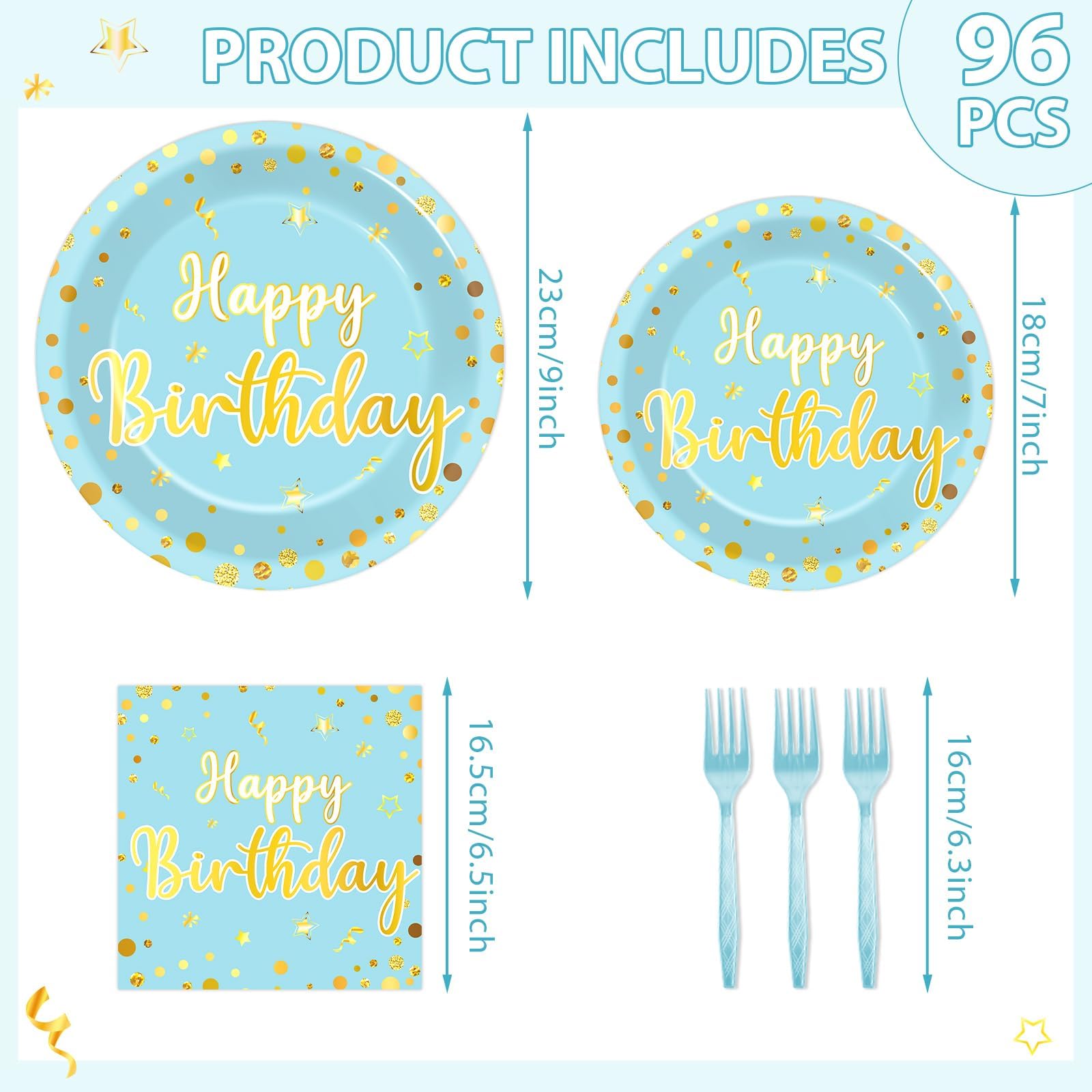 CHUNNIN 96PCS Blue Happy Birthday Plates and Napkins Happy Birthday Party Decorations Light Blue and Gold Dessert Plates Tableware for 24 Guests Kids Party Supplies