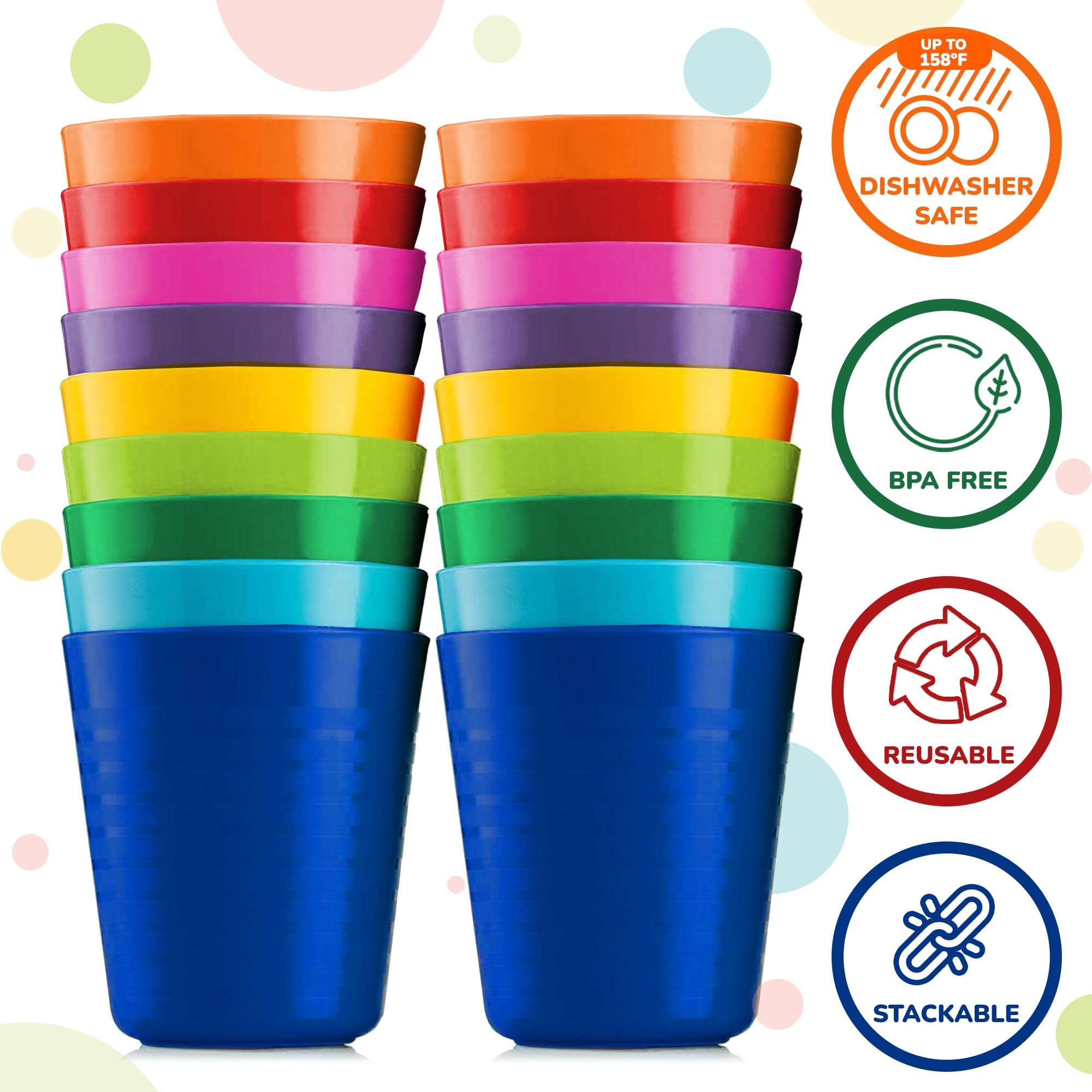 PLASKIDY Kids Cups - Set of 18 Plastic Toddler Drinking Cups, 8 Ounce Tumblers in 9 Assorted Colors - Reusable, Dishwasher Safe, BPA Free for Kids and Toddlers