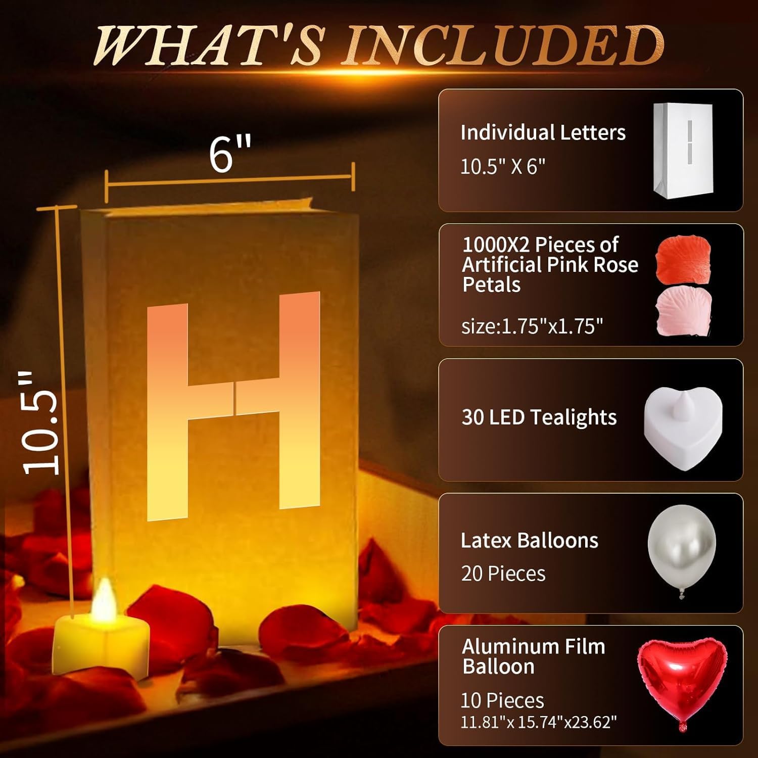 Peledic Happy Anniversary Light Up Letters, Include Light up Letters, with Tea Lights Candles, Latex Balloons, Aluminum Balloons and Rose Petals, Anniversary and Valentines' Day Decorations for Women
