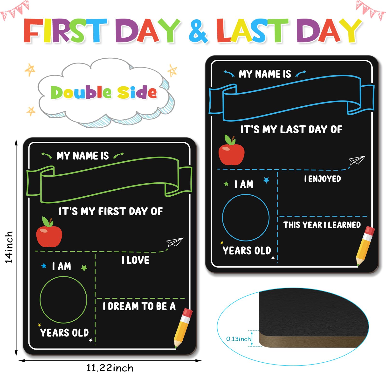IJIGU First Day of School Sign, 14 x 11 Inch Double Sided Reusable Back to School Chalkboard with 6 Liquid Chalk Markers, First & Last Day Board Supplies for Preschool Kindergarten Kids Boys Girls