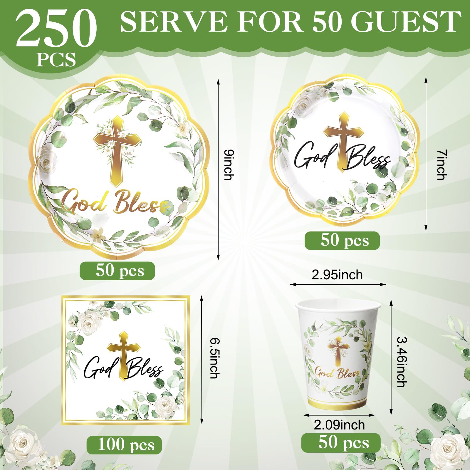 Ziliny 250 Pcs God Bless Baptism Party Tableware Set for 50 Guest First Holy Communion Decorations Sage Green Eucalyptus Leaves Paper Plates Napkins and Cups for Christening Baby Shower Religious