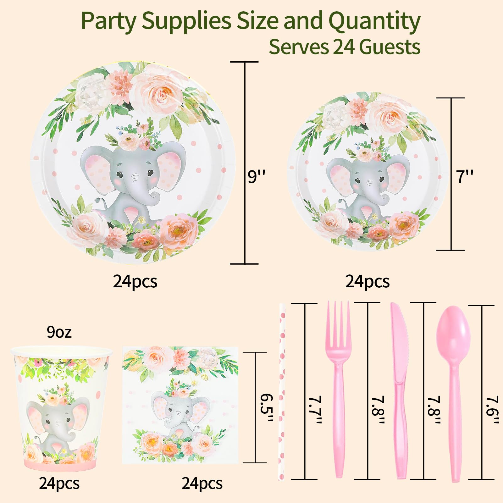 192 Pcs Elephant Baby Shower Plates and Cups and Napkins Sets Serve 24 Guests Pink Elephant Baby Shower Decorations Gender Reveal Themes Party Supplies Decor Birthday Paper Tableware Girl