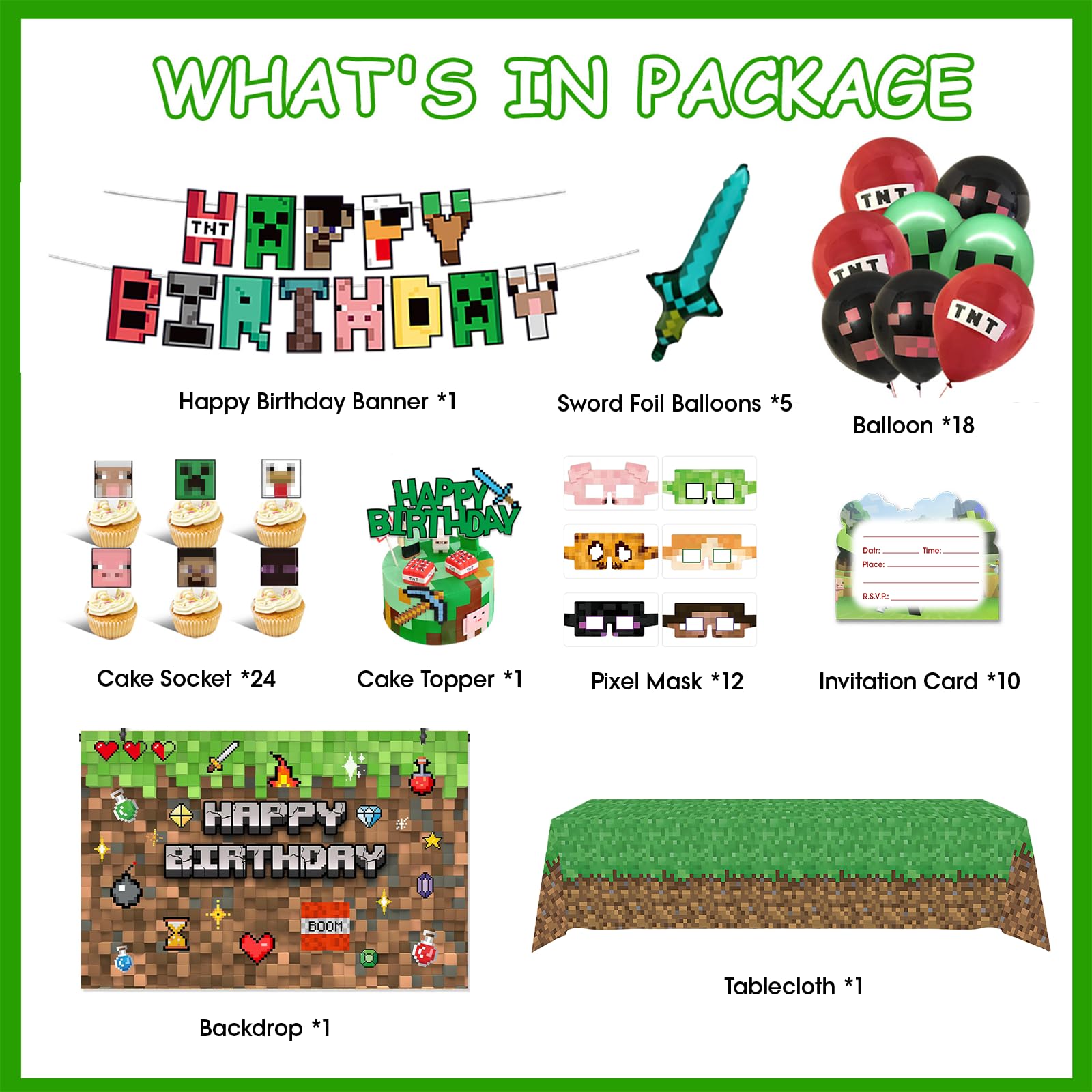 73Pcs Pixel Birthday Party Decorations for Boys, Pixel party supplies Kit, Gaming-Themed Birthday supplies Set including Banner, Tablecloth, Sword Foil Balloons, Cupcake Toppers.