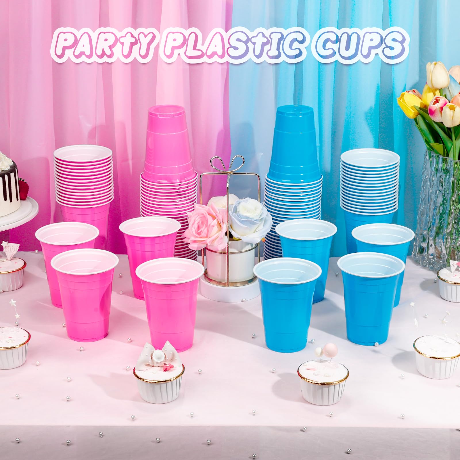 KesaPlan 100PCS 16oz Plastic Cups, Blue and Pink Cups Party Disposable Cups