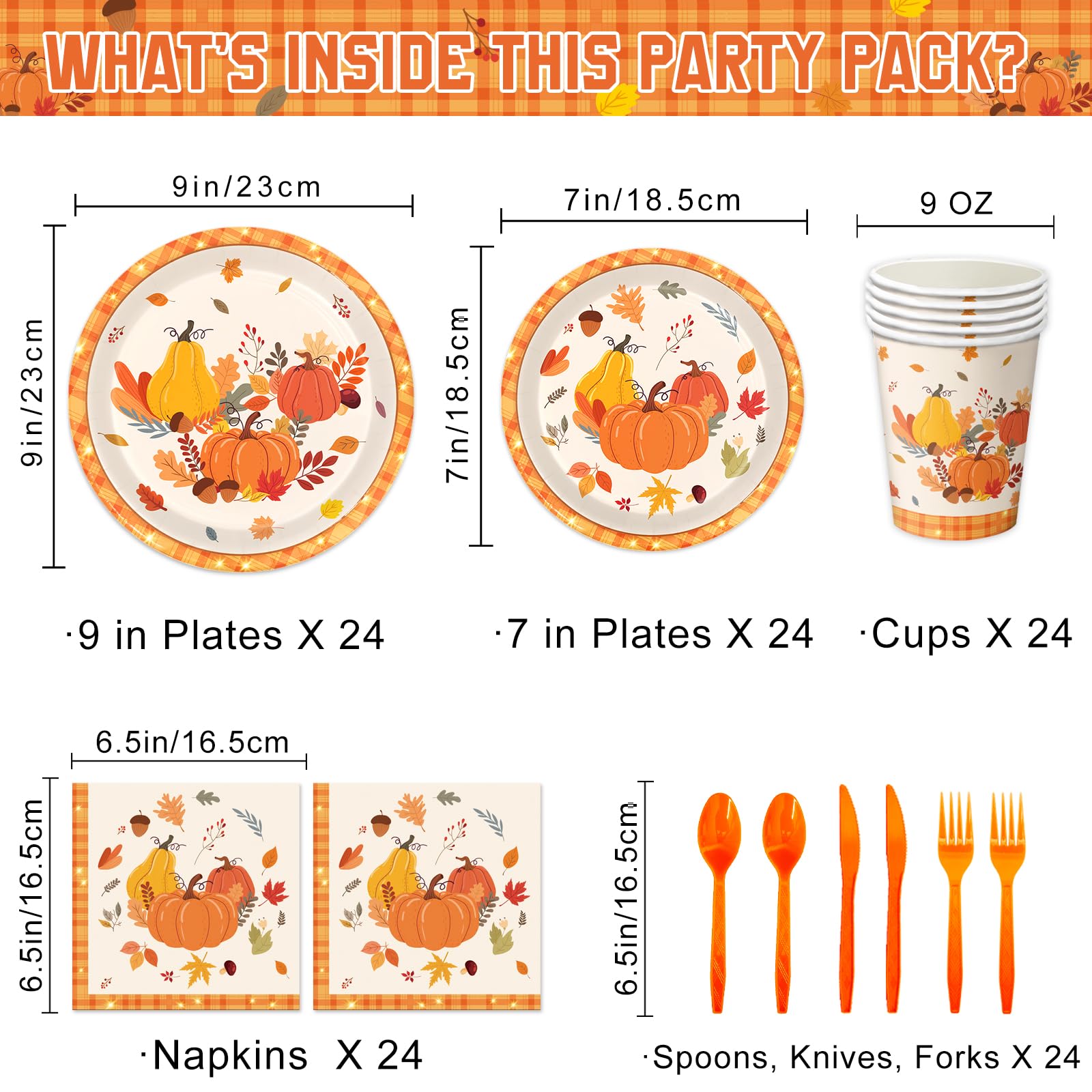 LINHAXM 168 PCS Thanksgiving Fall Party Supplies Autumn Pumpkin Tableware Set Includes Paper Plates, Napkins, Cups, Cutlery for Autumn Holiday Thanksgiving Harvest Party Decorations, Serve 24