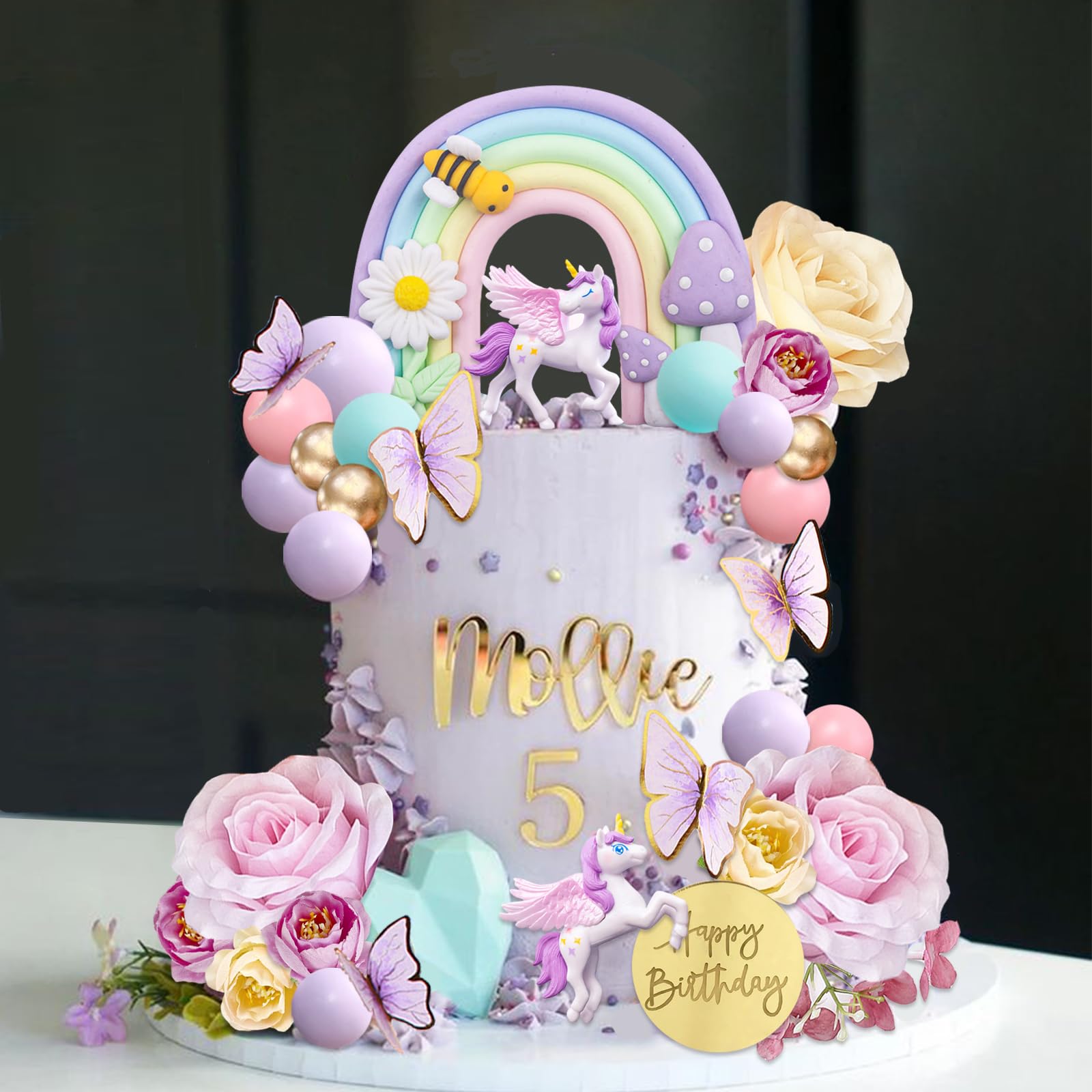 UFROMSKY 38pcs Unicorn Cake Toppers Rainbow Cake Decorations, Flower Birthday Decor with Butterflies and Mini Balls for Boys and Girls Unicorn Theme Party Supplies