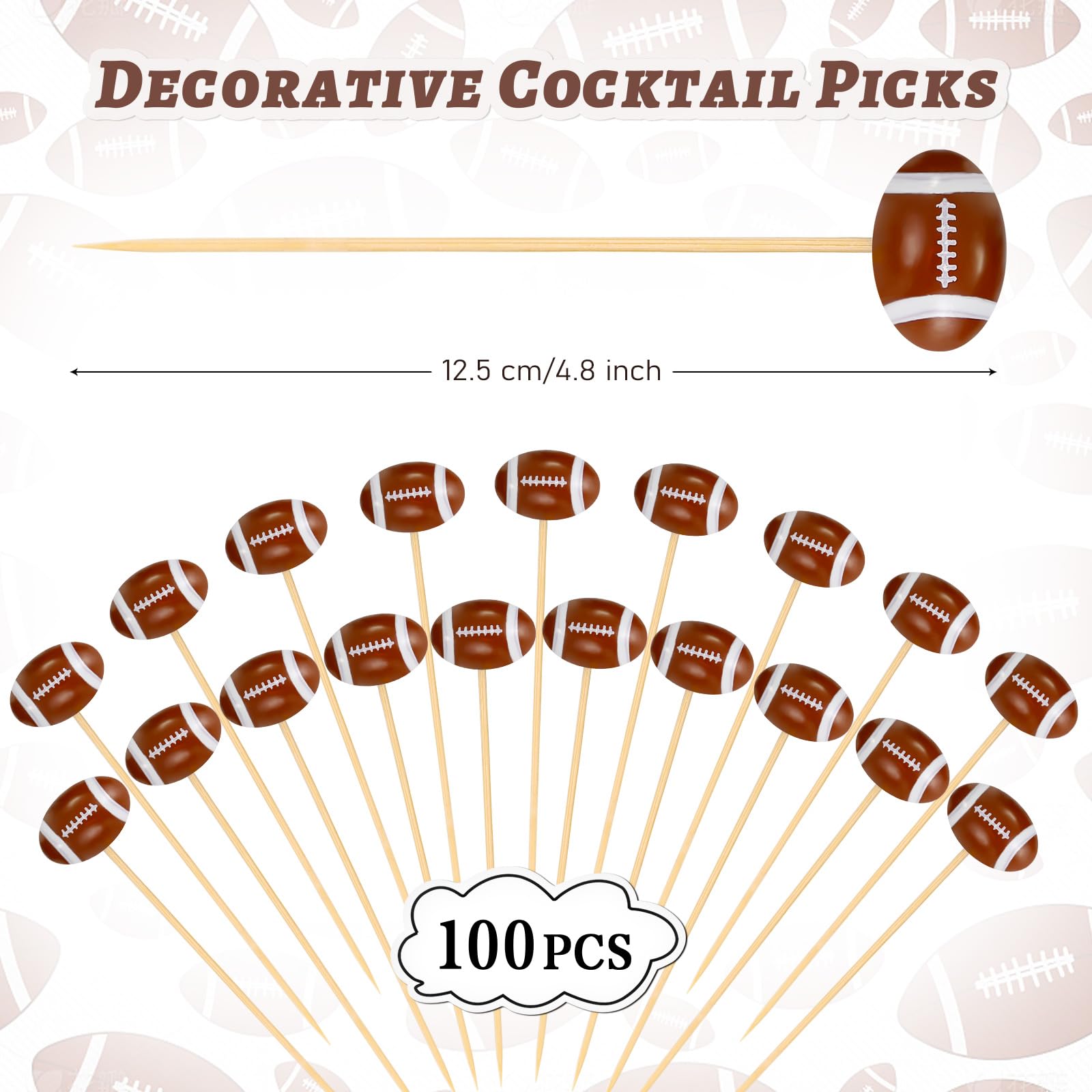 100 Pcs 3D Football Toothpicks, 4.72 Inch Football Cocktail Picks for Appetizers, Long Bamboo Toothpicks, Decorative Toothpicks Skewers for Holiday Birthday Party Decorations (Football 3D)