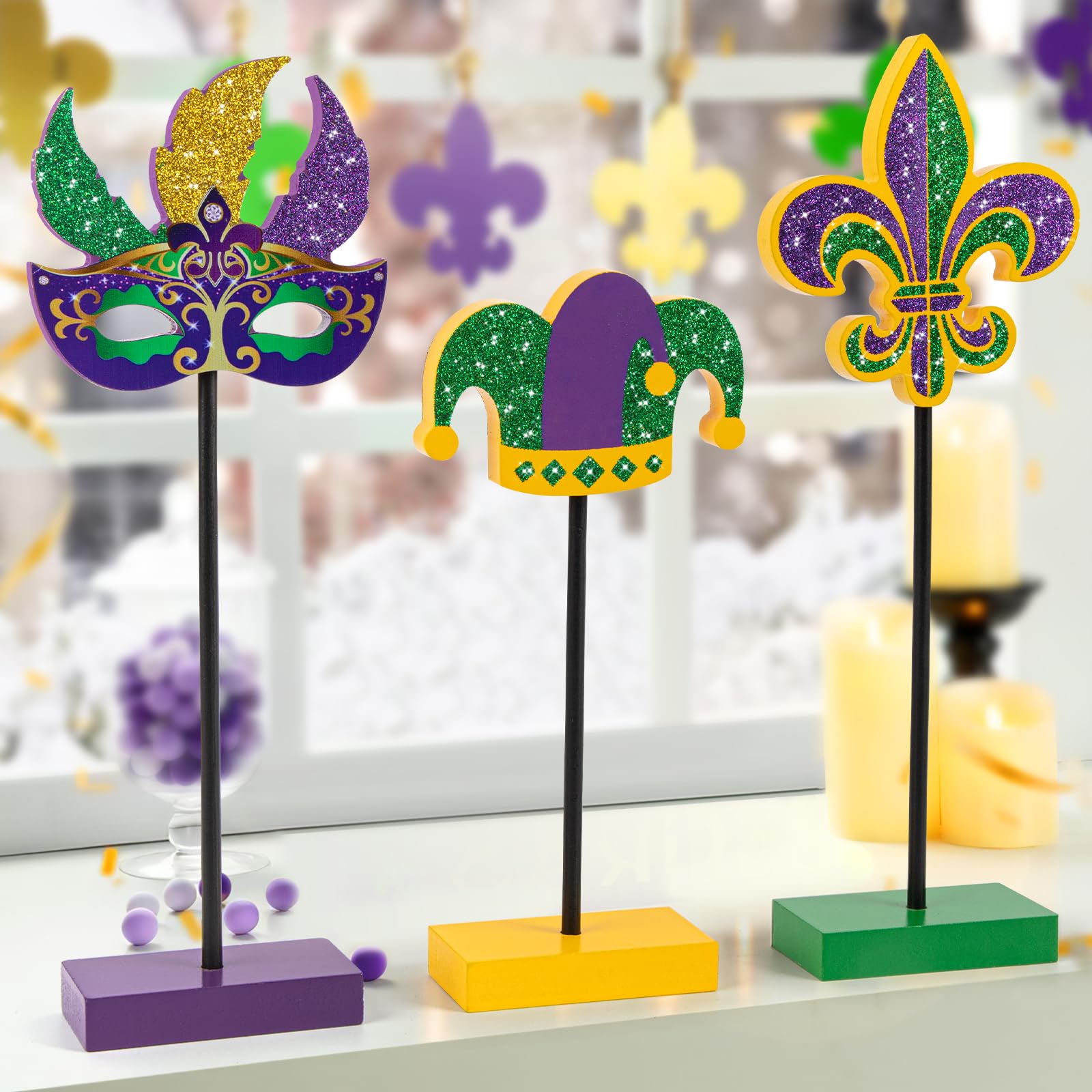 3 Pieces Mardi Gras Tiered Tray Decor Wood Set, Glitter Mardi Gras Table Decor,Rustic Mardi Gras Table Decorations for Party Home Room (Mardi Gras)