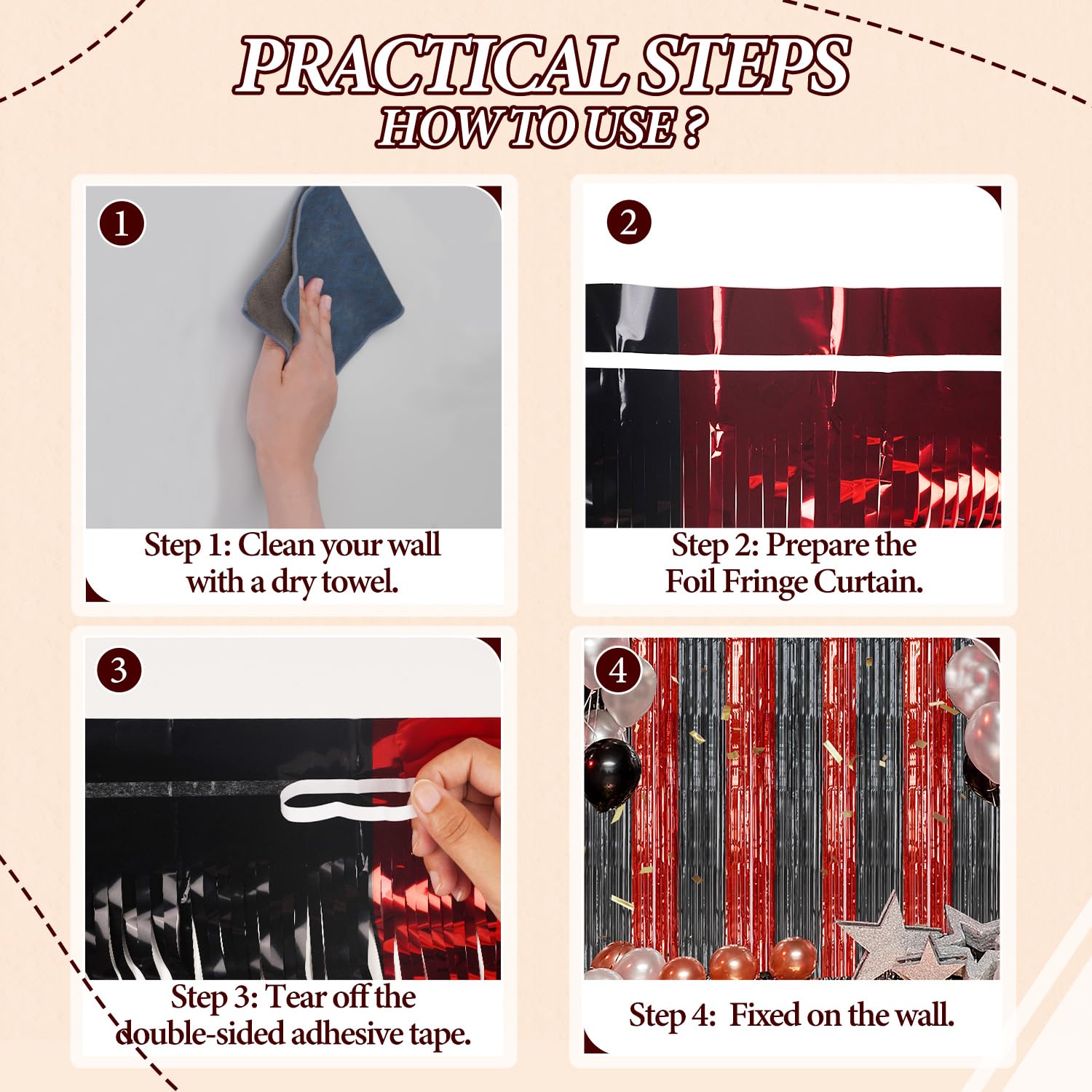DECOCKRAT 2 Pack Foil Fringe Backdrop - Red&Black Shiny Tinsel Curtains for Party Decoration/Photo Booth Props - 3.3x6.6 FT Metallic Foil Backdrop for Birthday, Wedding, Graduation, Christmas.