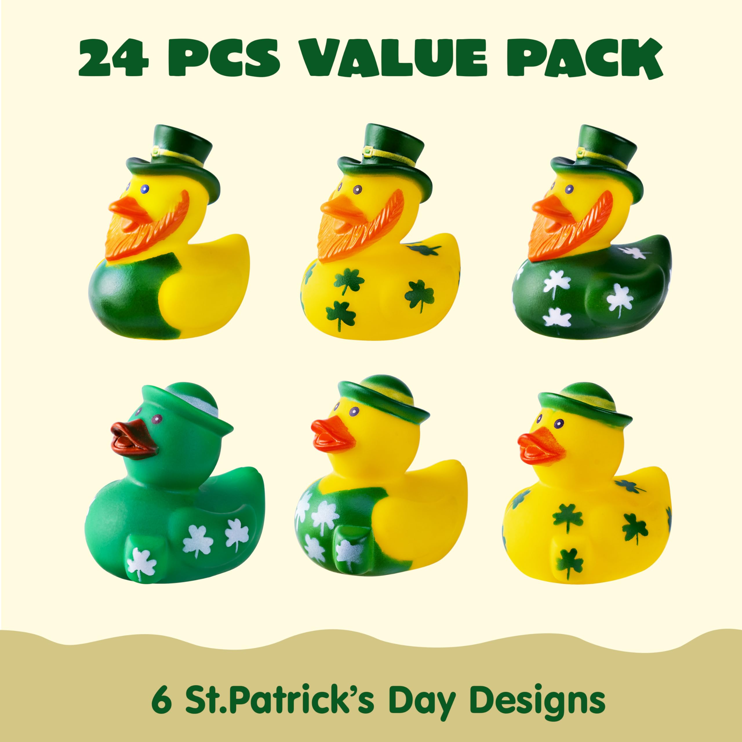JOYIN 24 Pcs St.Patrick's Day Rubber Ducks, Green Rubber Lucky Ducks with Hats & Shamrock Patterns, Small Kid Bath Toys, St Patrick Gifts for Kids, Party Favors & Decorations