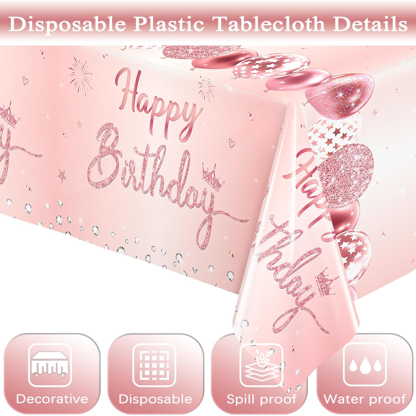 WNINK 2 Pack Pink & Rose Gold Happy Birthday Tablecloths, Disposable Plastic Rectangular Table Covers for 6th 21st 30th 40th 50th Women Girls Birthday Party 54 x 108 Inches