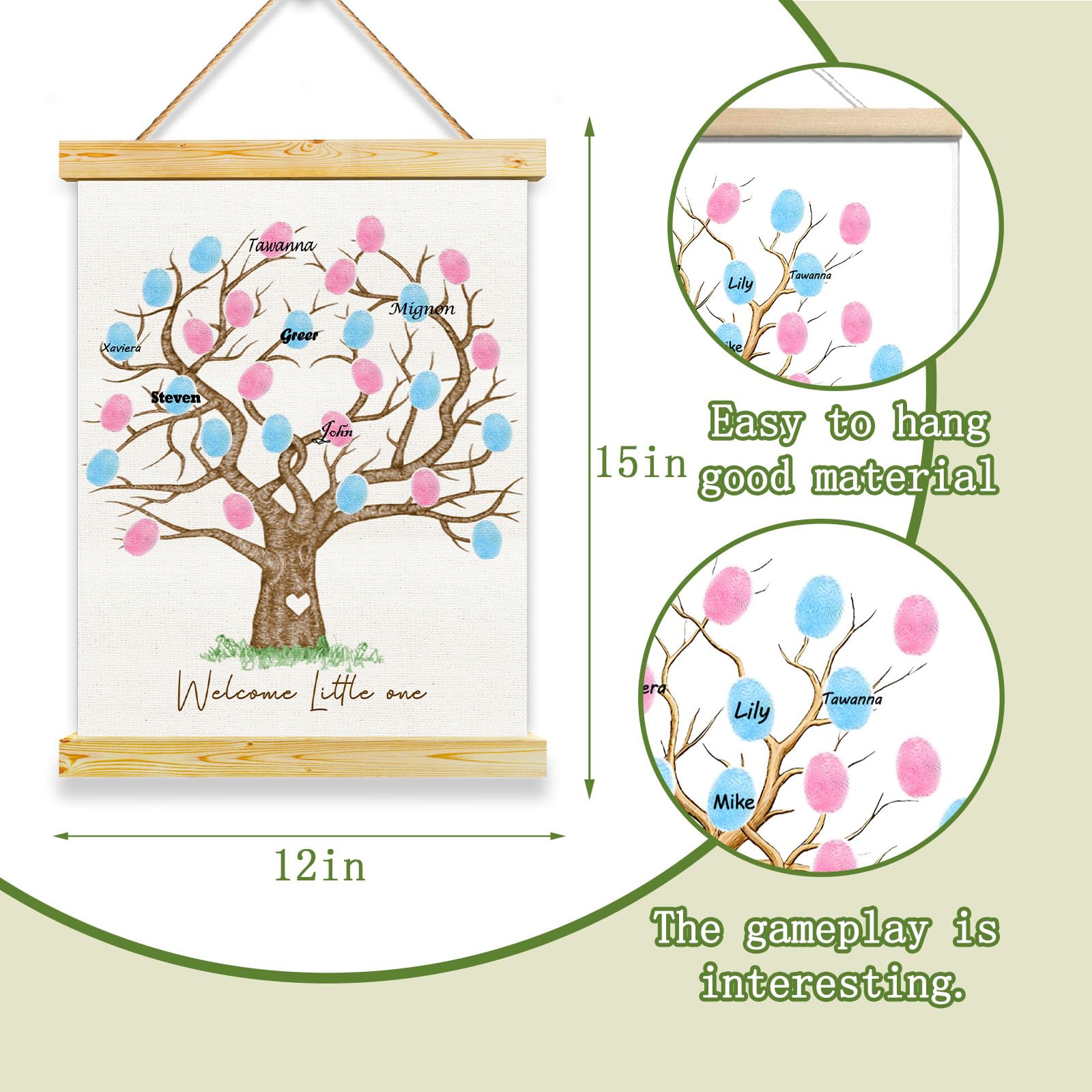 QZCYU Gender Reveal Fingerprint Tree Canvas Guest Books, Baby Shower Decorations, Gender Reveal Party Decorations Gifts Ideas, Baby Shower Party Supplies, Thumbprint Hanging Paintings(12x15in)