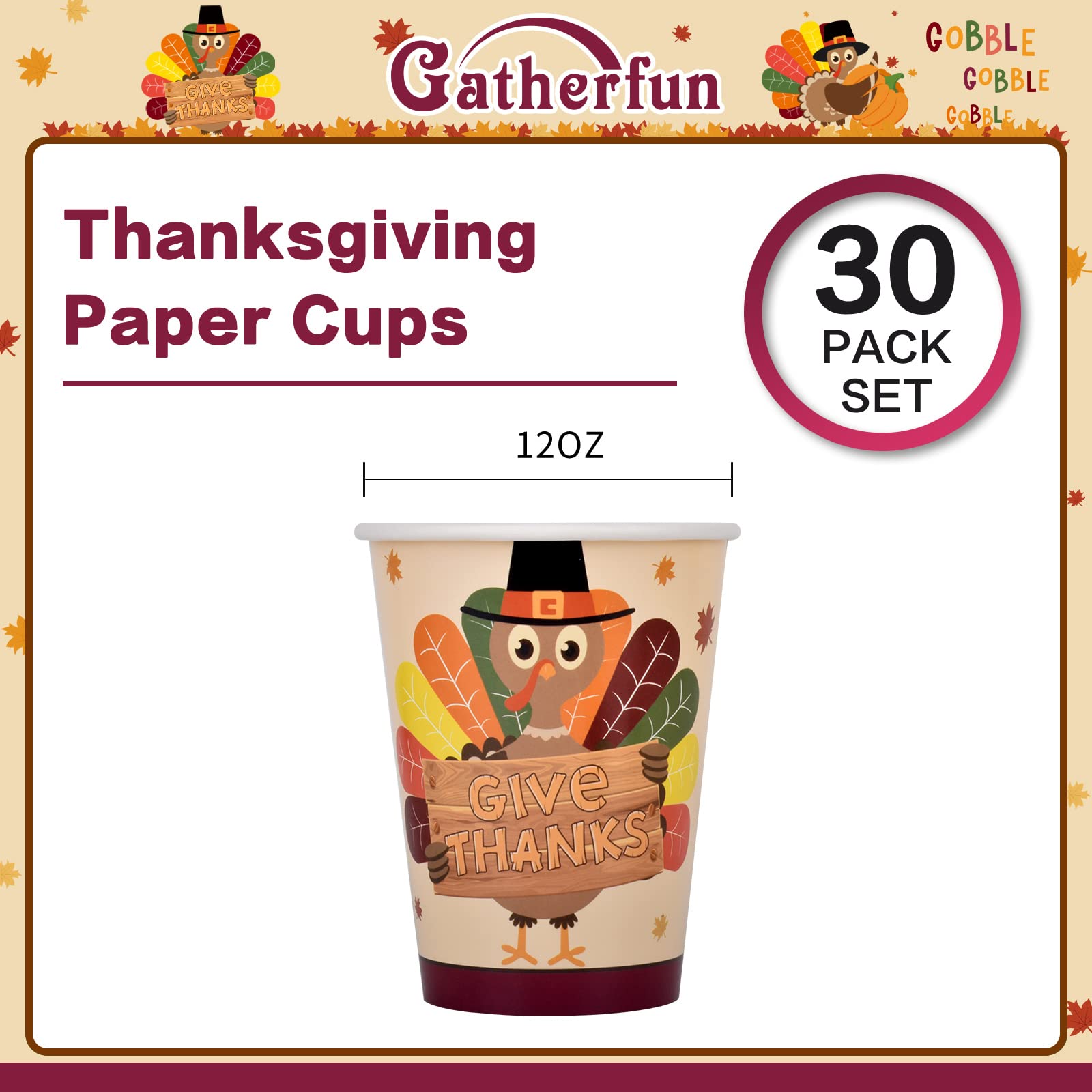 Gatherfun Thanksgiving decorations, Disposable Paper Cups for Autumn Party Decorations and Thanksgiving Party Decorations, 30 Pack, Turkey Design