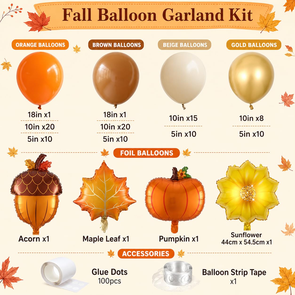 Fall Party Decoration Balloon Arch Kit, Orange Burgundy Brown Beige White Balloons with Maple Leaves Pumpkin Foil Balloons Garland for Thanksgiving Autumn Harvest Birthday Baby Shower Decor Supplies