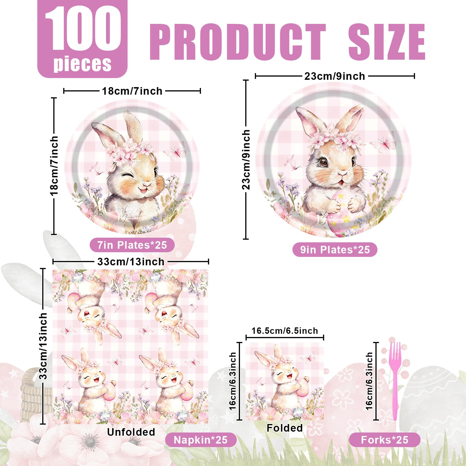 100 Pieces Easter Bunny Party Tableware Set – Pink Plaid Floral Rabbit Plates, Napkins and Forks, Spring Disposable Dinnerware for Easter Party, Birthday and Baby Shower Supplies