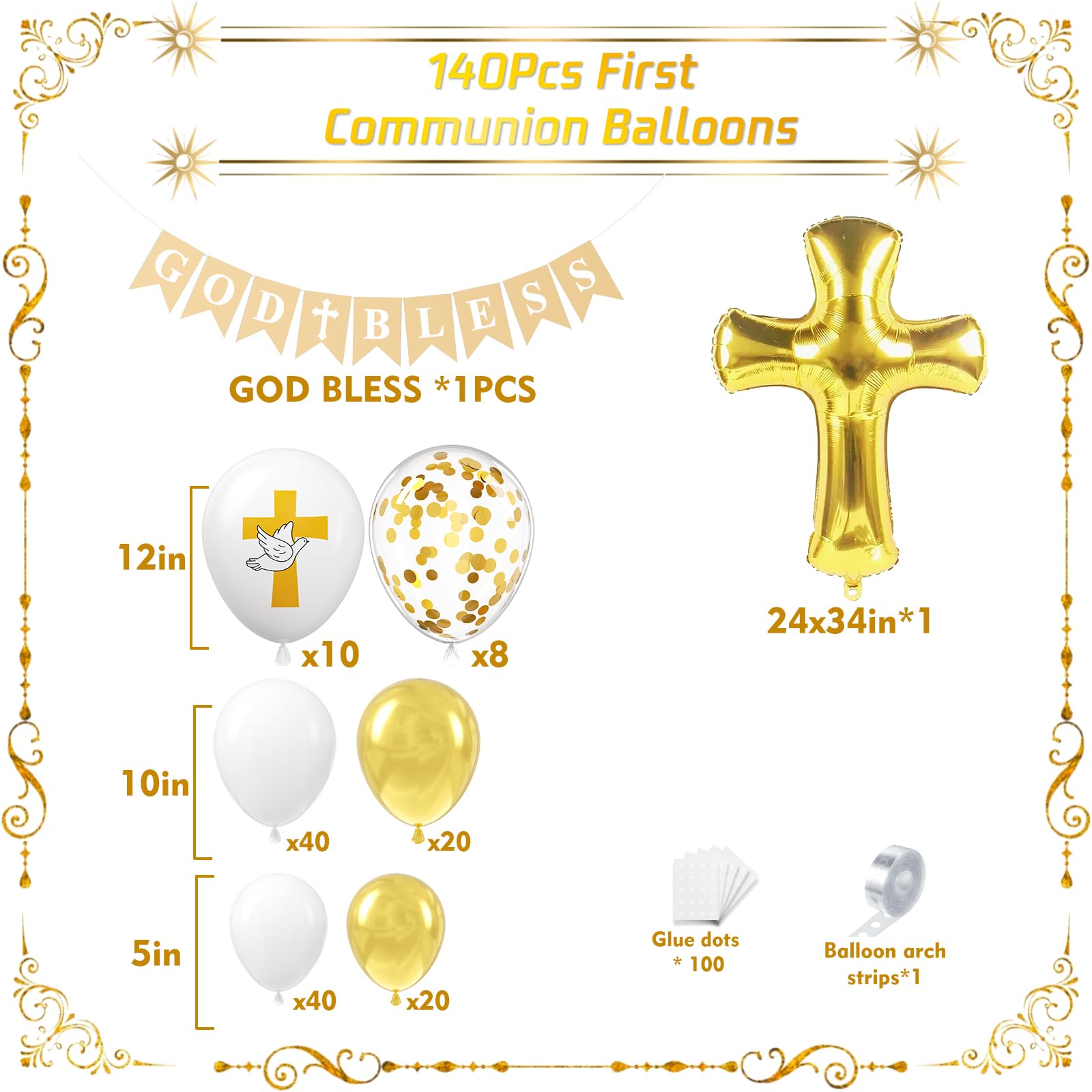 PityBlns First Communion Balloons Arch Kit 140Pcs, Baptism Balloon Garland Arch Mi Bautizo Decor White and Gold Cross Balloon for First Holy Communion Baptism Baby Shower Birthday Party Decorations