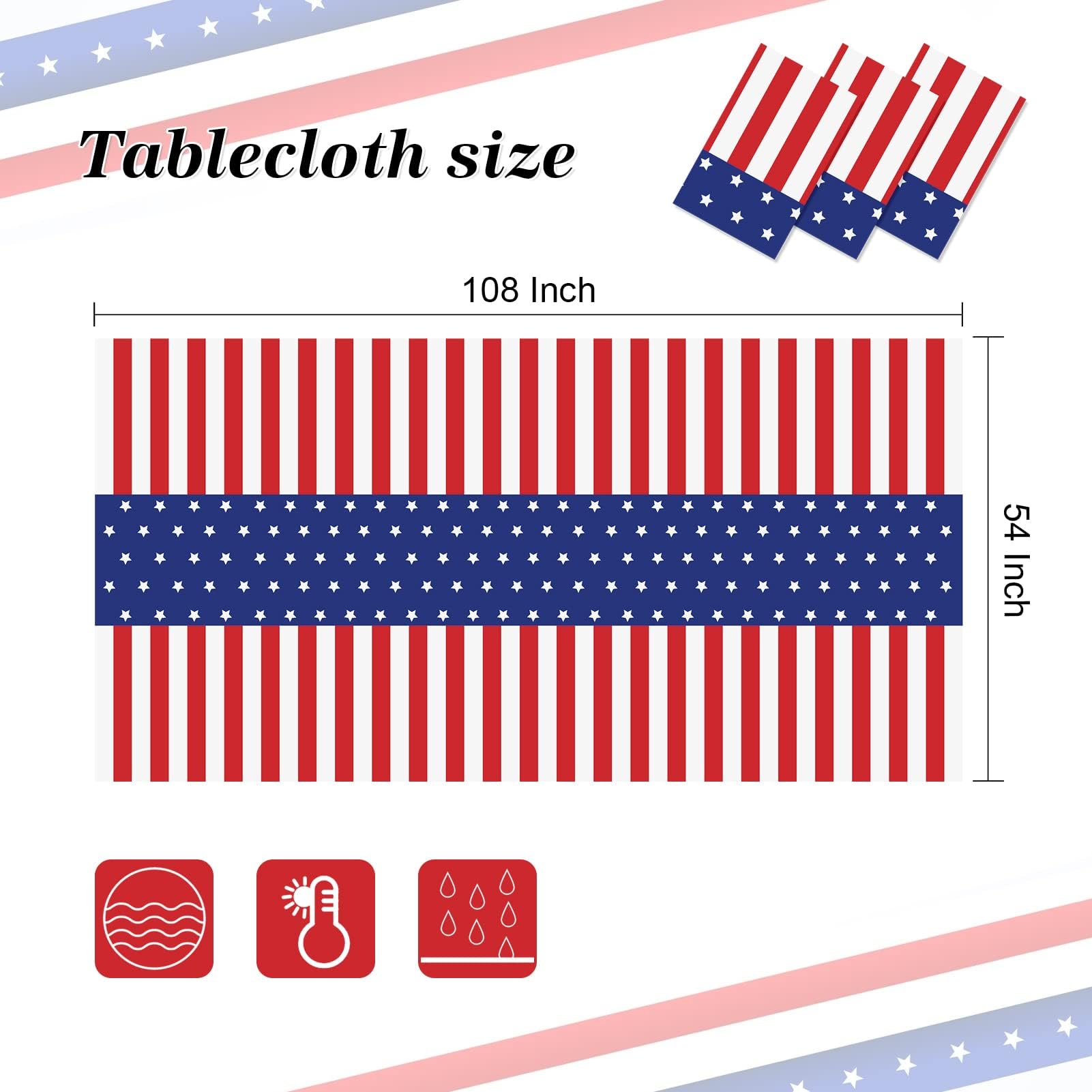 Childom 3 Pack Patriotic Tablecloth,Disposable Plastic Tablecloth 54"x108" Patriotic Decorations,Birthday Party Table Cloth,Patriotic Party Supplies,Red White and Blue Decorations for Veterans Day