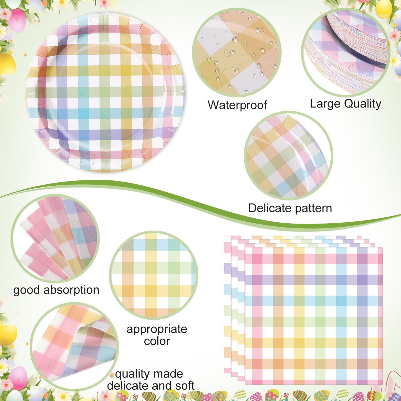 Funnymoom 452 Pcs Pastel Easter Party Decoration for 50, Spring Easter Paper Plates Napkins Cups Tablecloth Cutlery Straws Rainbow Pastel Gingham Plaid Tableware for Spring Birthday Party Supplies