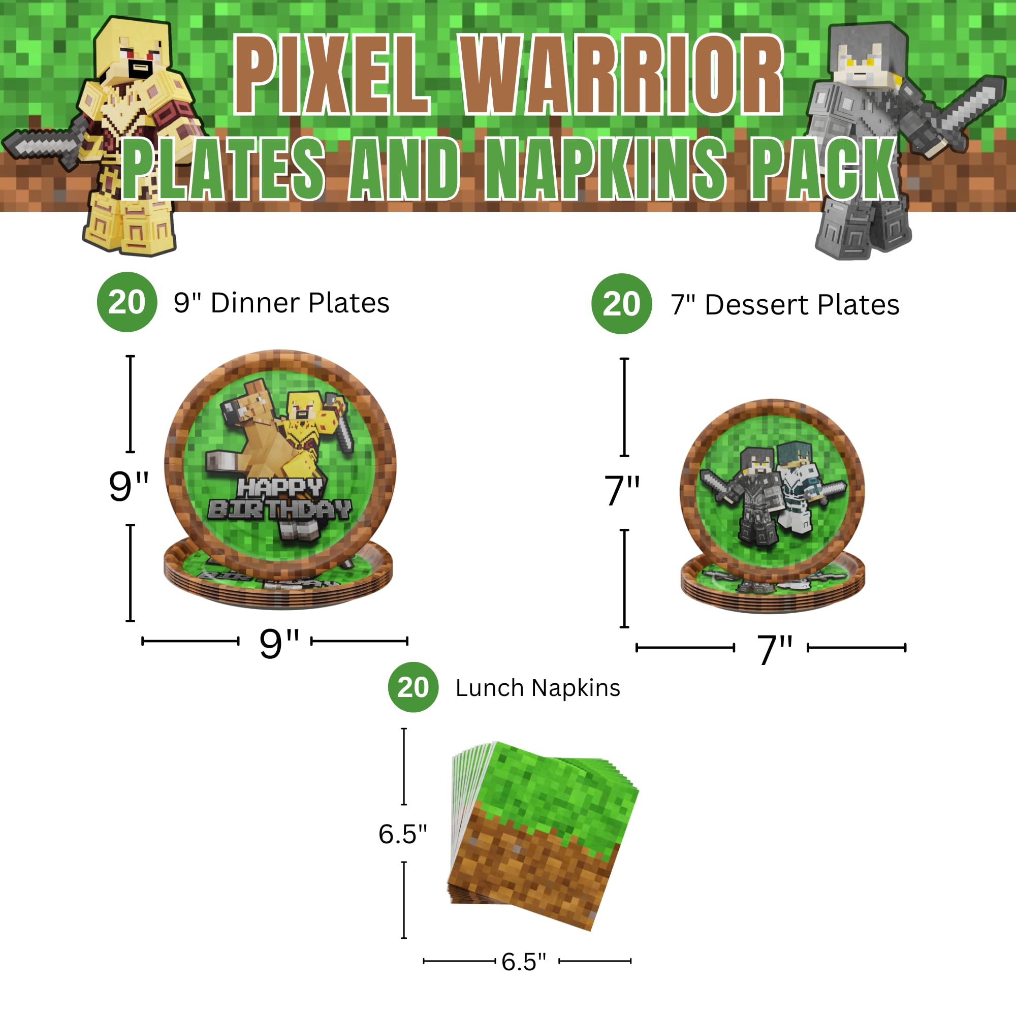 Blue Orchards Pixel Warrior Plates and Napkins (60 pieces for 20 Guests) - Video Game Party Supplies, Mining Craft Party, Pixel Miner Decorations