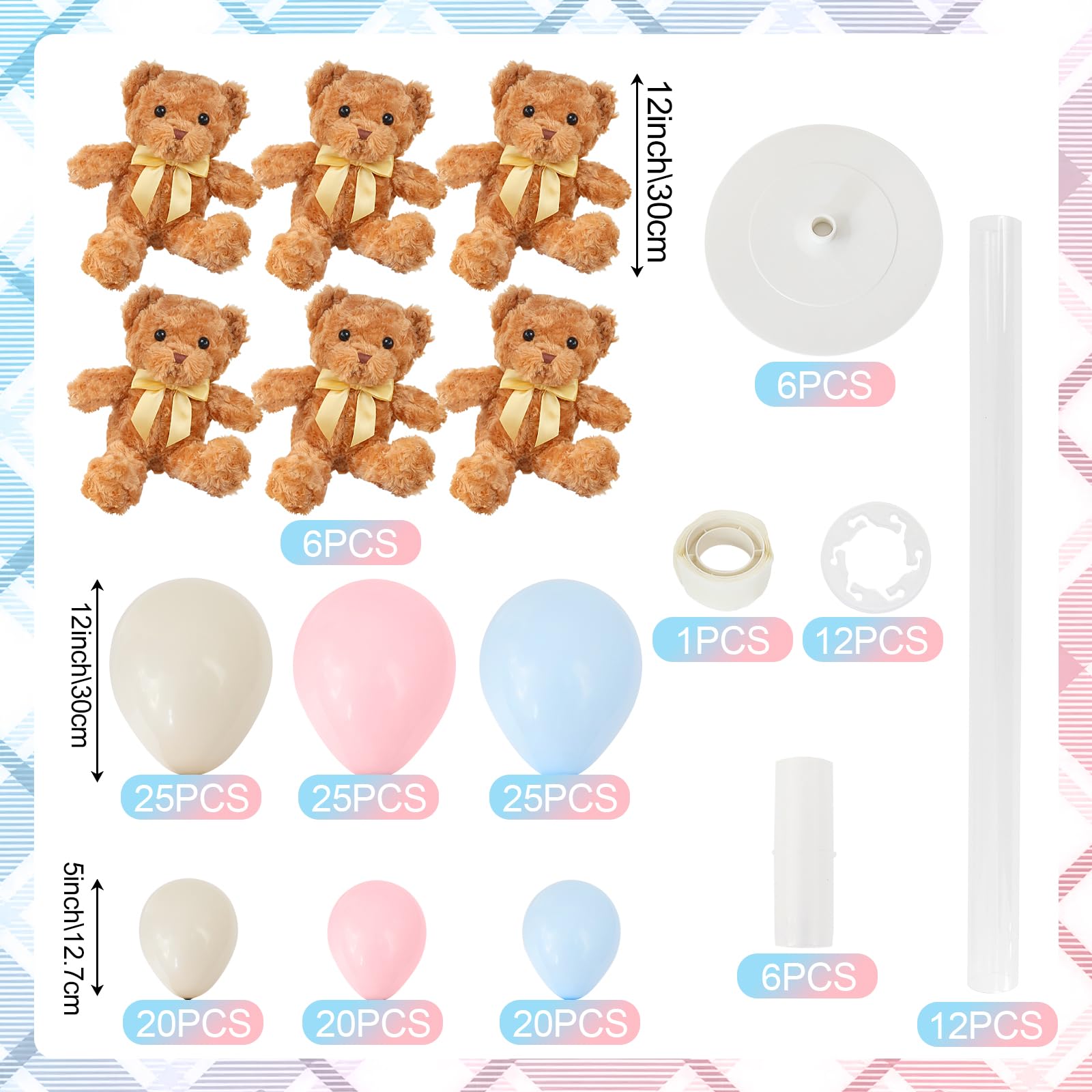 Acmee Bear Table Centerpieces for Baby Shower - Set of 6 Bear Balloon Baby Shower Decorations Include Stuffed Bears Balloons Kit with Stand Table Decor for Boy Baby Shower Gender Reveal (Blue Pink)