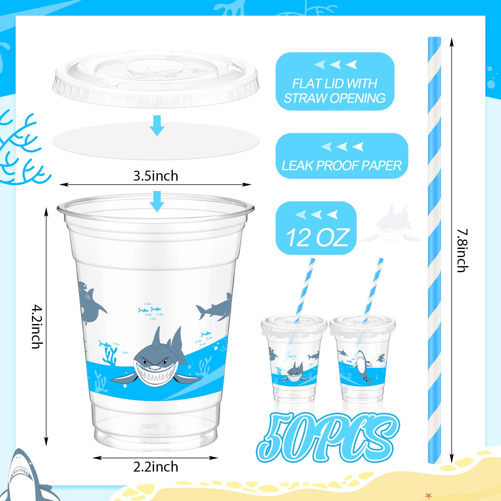 Teenyyou 50 Pcs 12 oz Disposable Plastic Cups with Straws, Lids and Leakproof Paper Clear Birthday Party Cups Supplies Birthday Table Decorations(Shark,Blue)