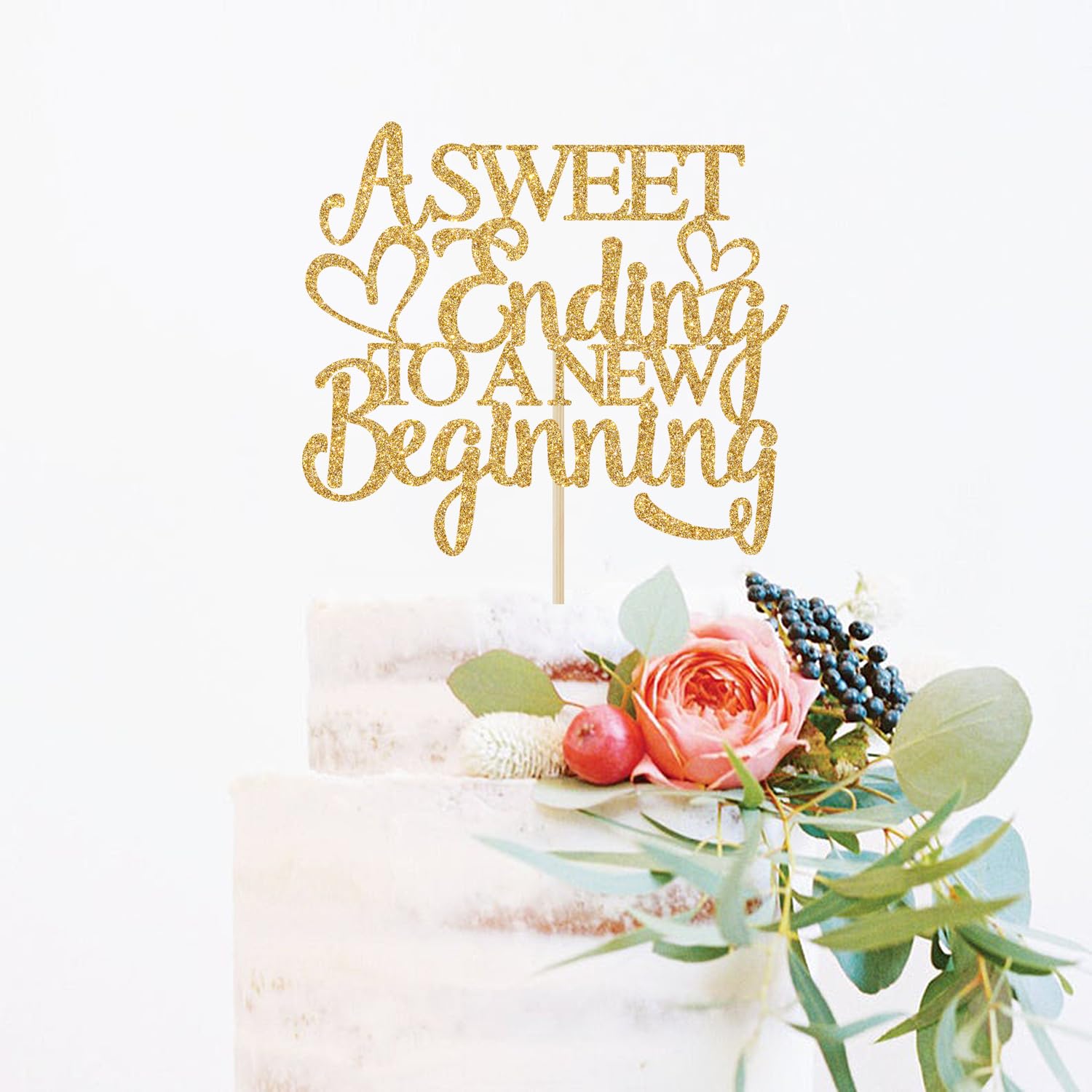 A Sweet Ending to A New Beginning Cake Topper, The Adventure Begins, Wedding/Retirement/Graduation/Farewell Party Decorations, Gold Glitter