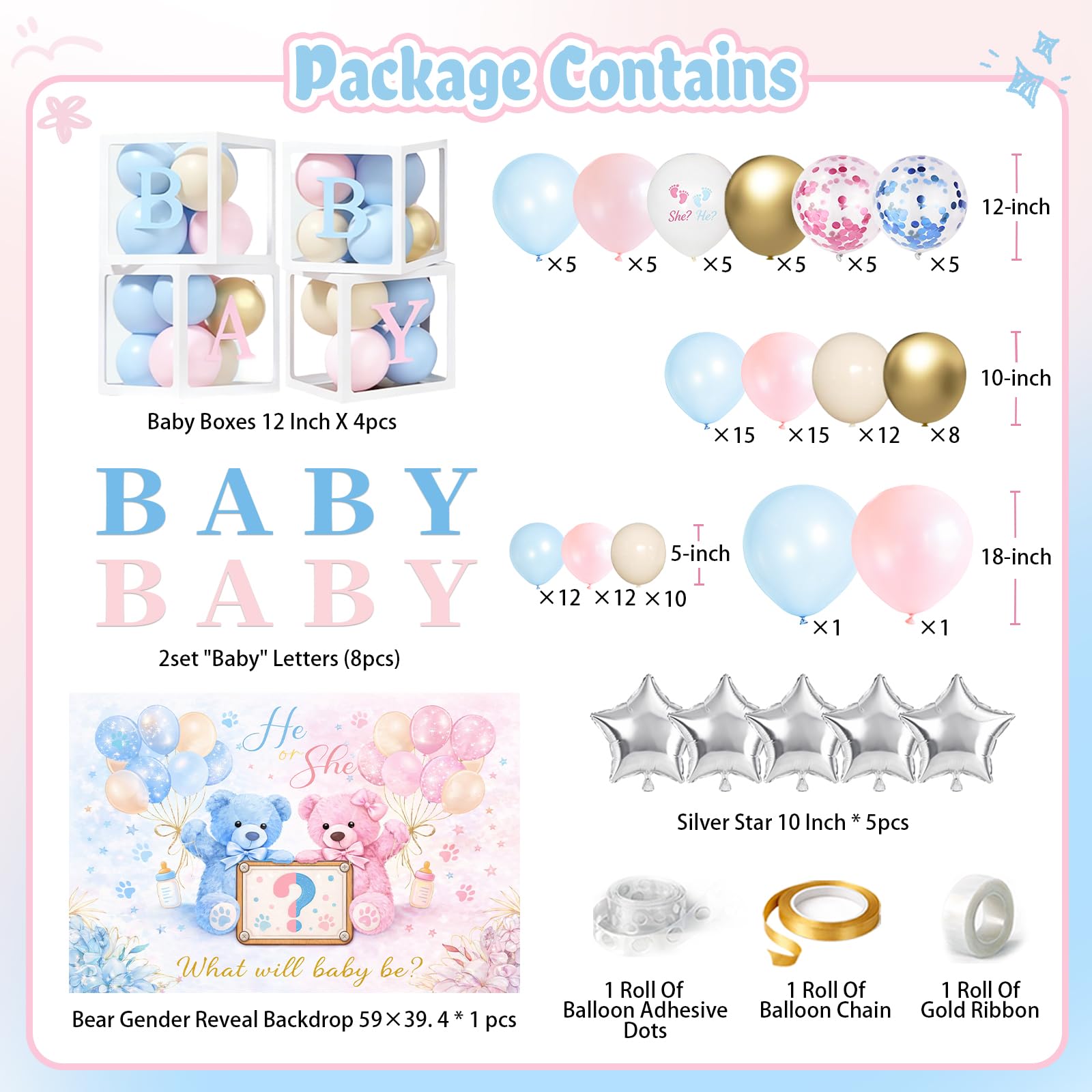 Bear Gender Reveal Decorations, 136 Pcs Balloon Arch Kit with Display Boxes