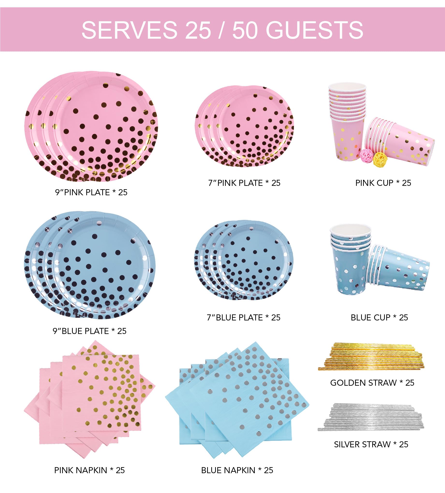 Ottin 250-Piece Pink and Blue Disposable Paper Plates and Napkins Set, 9 Inch Dinner Plates & 7 Inch Dessert Plates, Party Supplies Serve 50 Guests for Baby Shower Gender Reveal Birthday Wedding