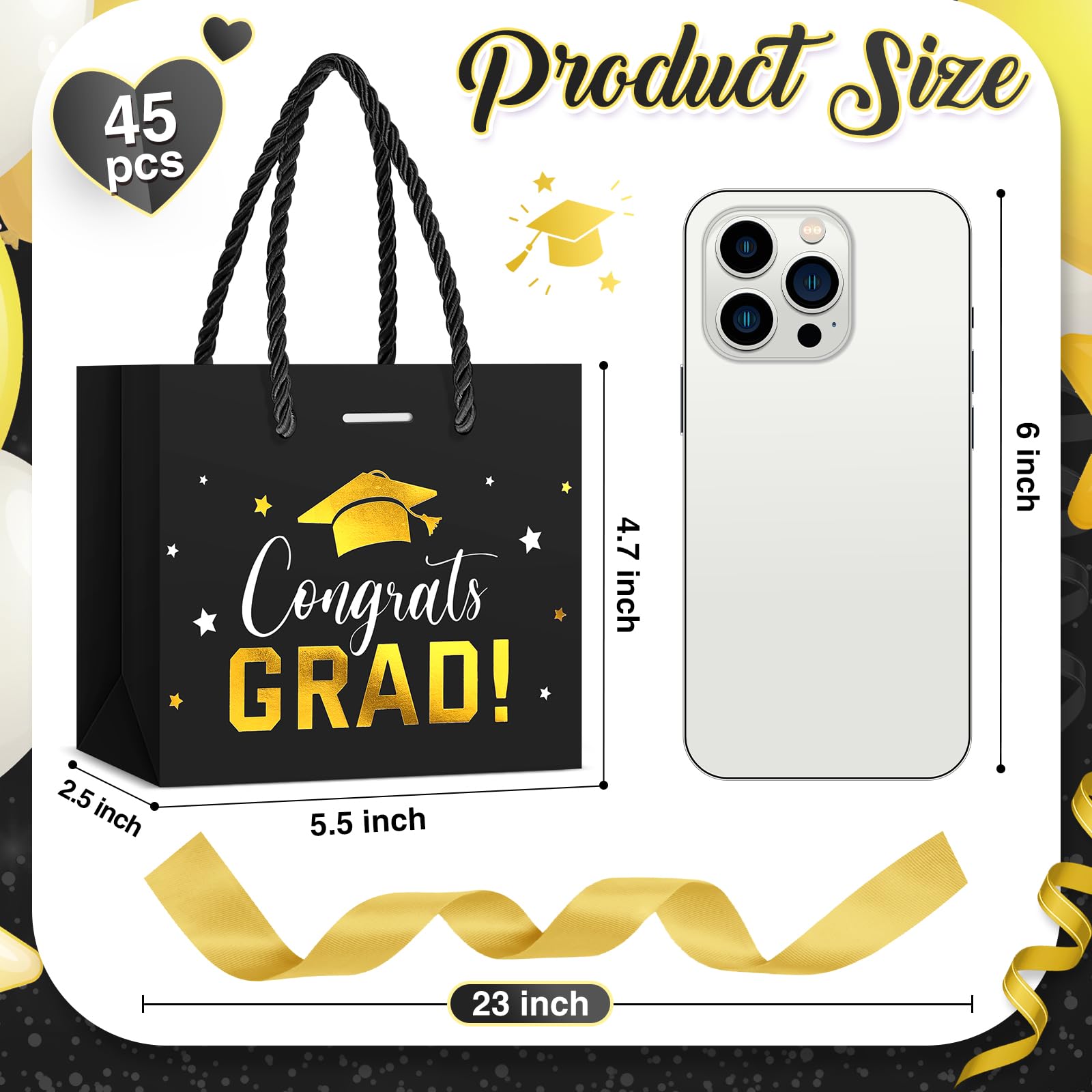 Jetec 45 Pack 2026 Graduation Gift Bags Bulk Small Congrats Bags with Handle and Bow Ribbon 5.5 x 4.7 x 2.5 Inch Grad Paper Treat Gifts Party Favor Supplies for College High School(Black Gold)