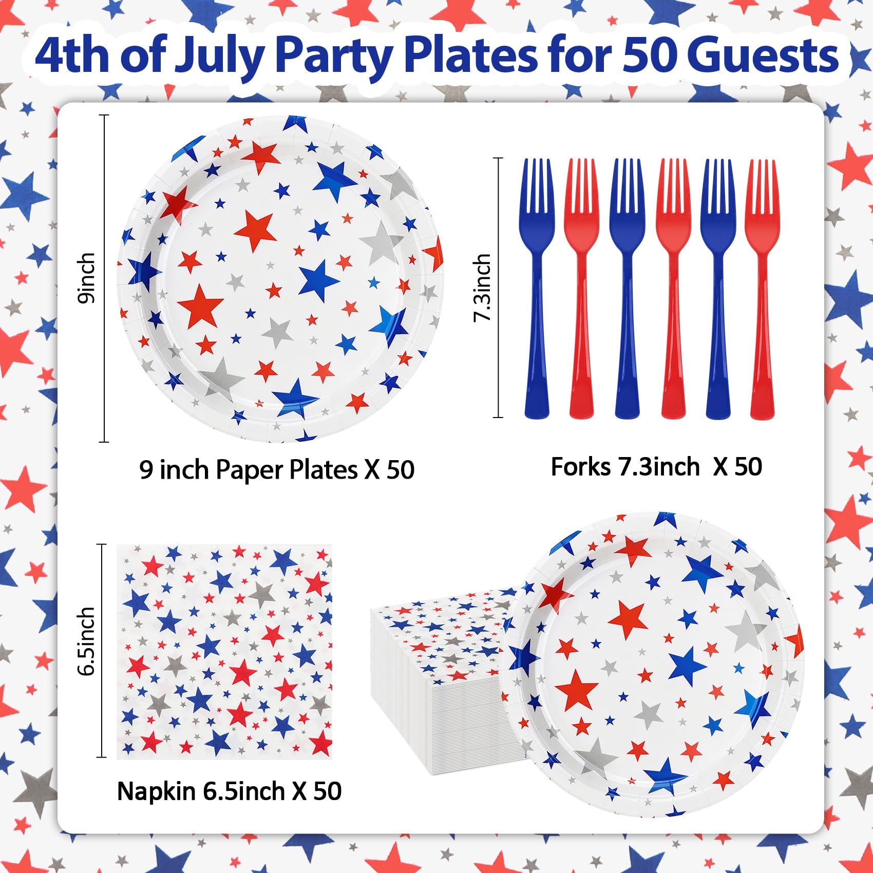 150Pcs 4th of July Party Supplies for 50 Guests, Disposable Patriotic Paper Plates, Napkins & Forks Set, Red White Blue Star Tableware for Independence Day, Memorial Day, 4th of July Party Decorations