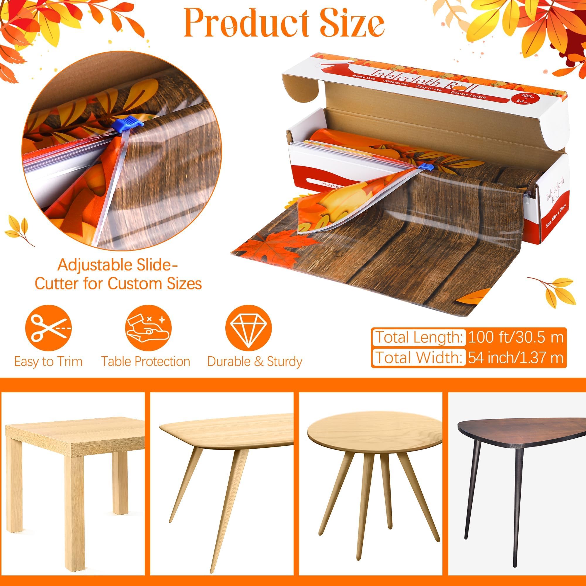 Kochorie 100 Ft x 54 Inch Fall Plastic Tablecloth Roll with Slide Cutter Thanksgiving Pumpkin Maple Leaves Table Cloth Autumn Harvest Party Table Cover Roll for Autumn Events Family Banquet Parties