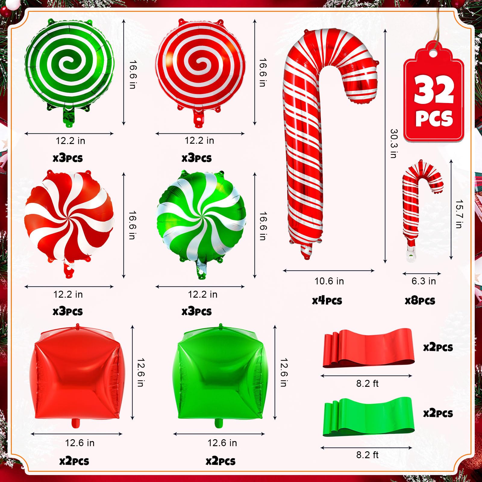 32 Pcs Christmas Balloons, Foil Candy Cane Swirl Balloons, Large Candy Mylar Red Green Balloon Kit for Christmas Party Birthday Candy Themed Party Decorations