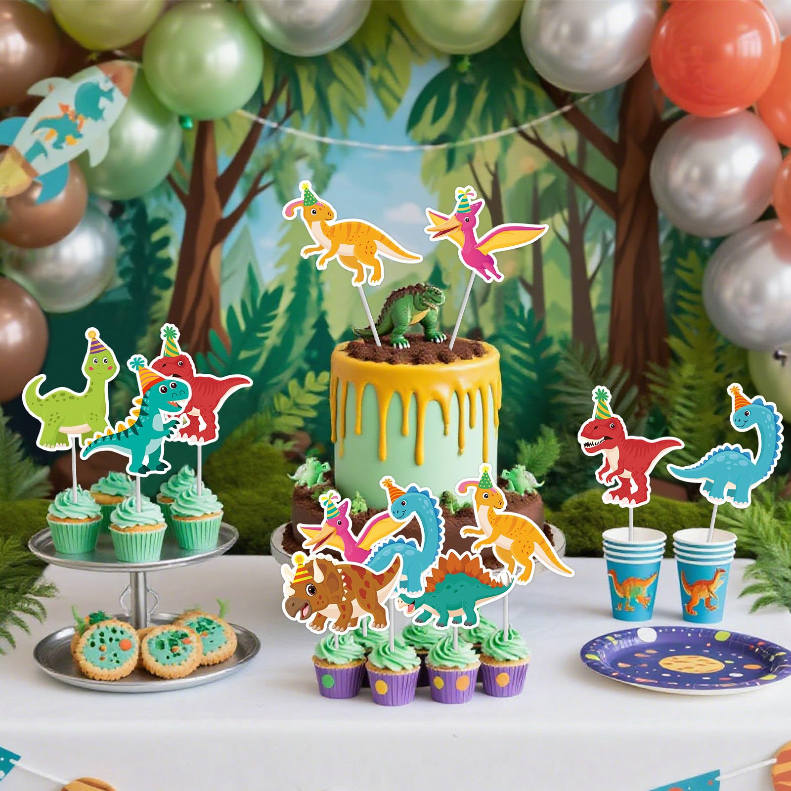 40Pcs Dinosaur Cupcake Toppers, Cute Tyrannosaurus Rex Triceratops Cupcake Picks Dinosaur Cake Topper Picks for Kids Birthday Baby Shower Dino Party Cake Toppers Decorations