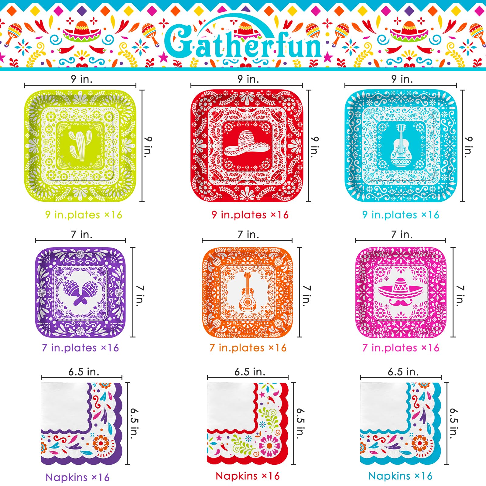 Fiesta Party Supplies Kit for 48: Complete Mexican Celebration Pack with Dinner & Dessert Paper Plates, Napkins -Cinco de Mayo, Taco Birthday & Mexican Party Decorations