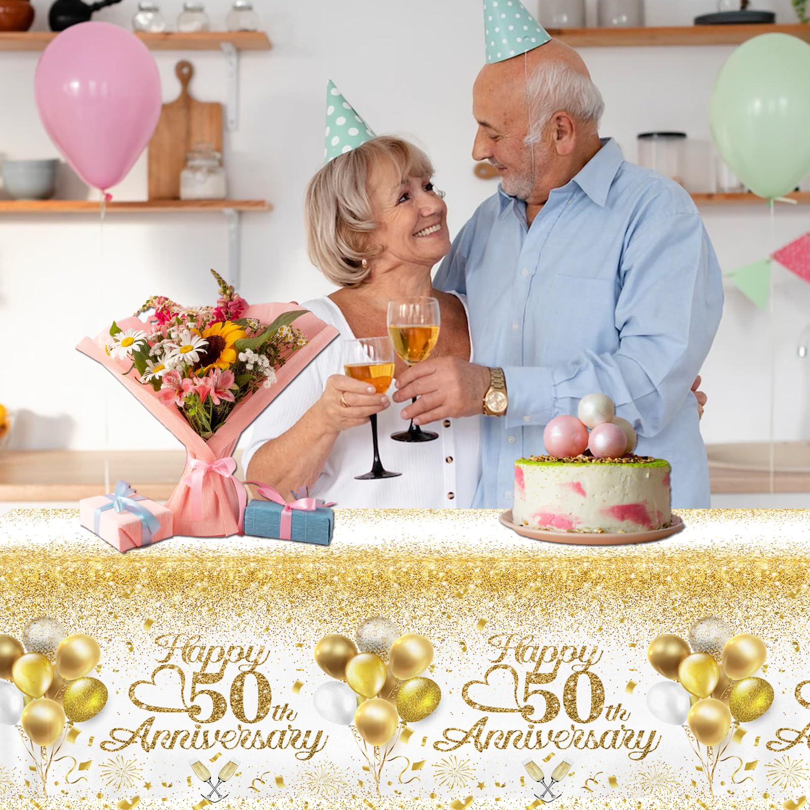 Dydamud Happy 50th Anniversary Table Cloth,50 Year Anniversary Decorations 3Pcs White and Gold Tablecloth Waterproof Rectangular Table Cover for 50 Year Old Birthday Party Supply