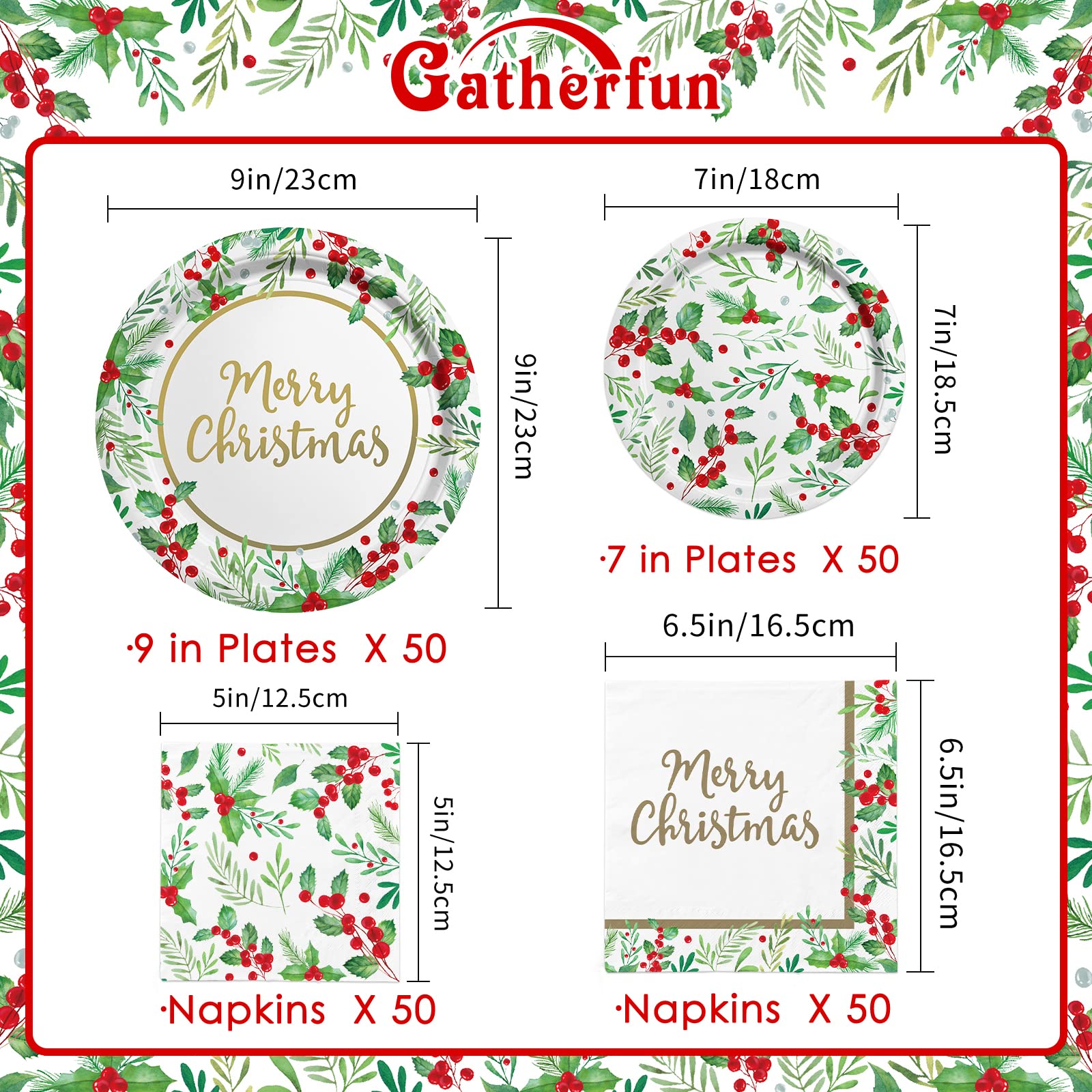 Christmas Party Supplies, Serve 50, Christmas Seasonal Holly Tableware Includes: Paper Dinner Plates, Dessert Plates, Luncheon Napkins and Beverage napkins, Great for Party Decorations