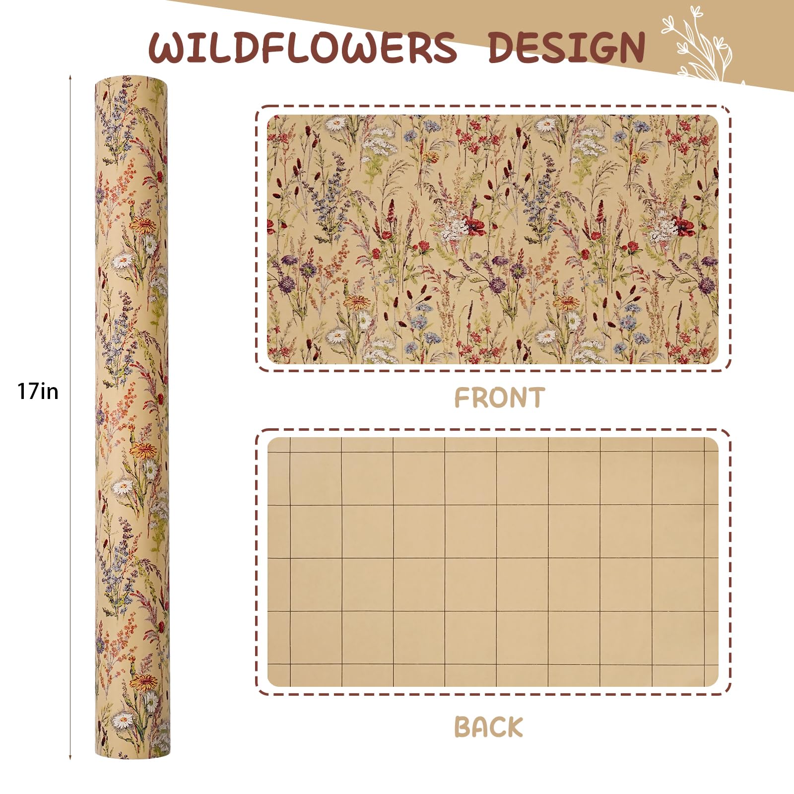 Tyzarglef Wild Flower Wrapping Paper Roll, 17 Inches x 32.8 Feet Kraft Floral Design Wrapping Paper for Women Girls Gifts, Birthdays, Weddings, Bridal Shower and Engagement