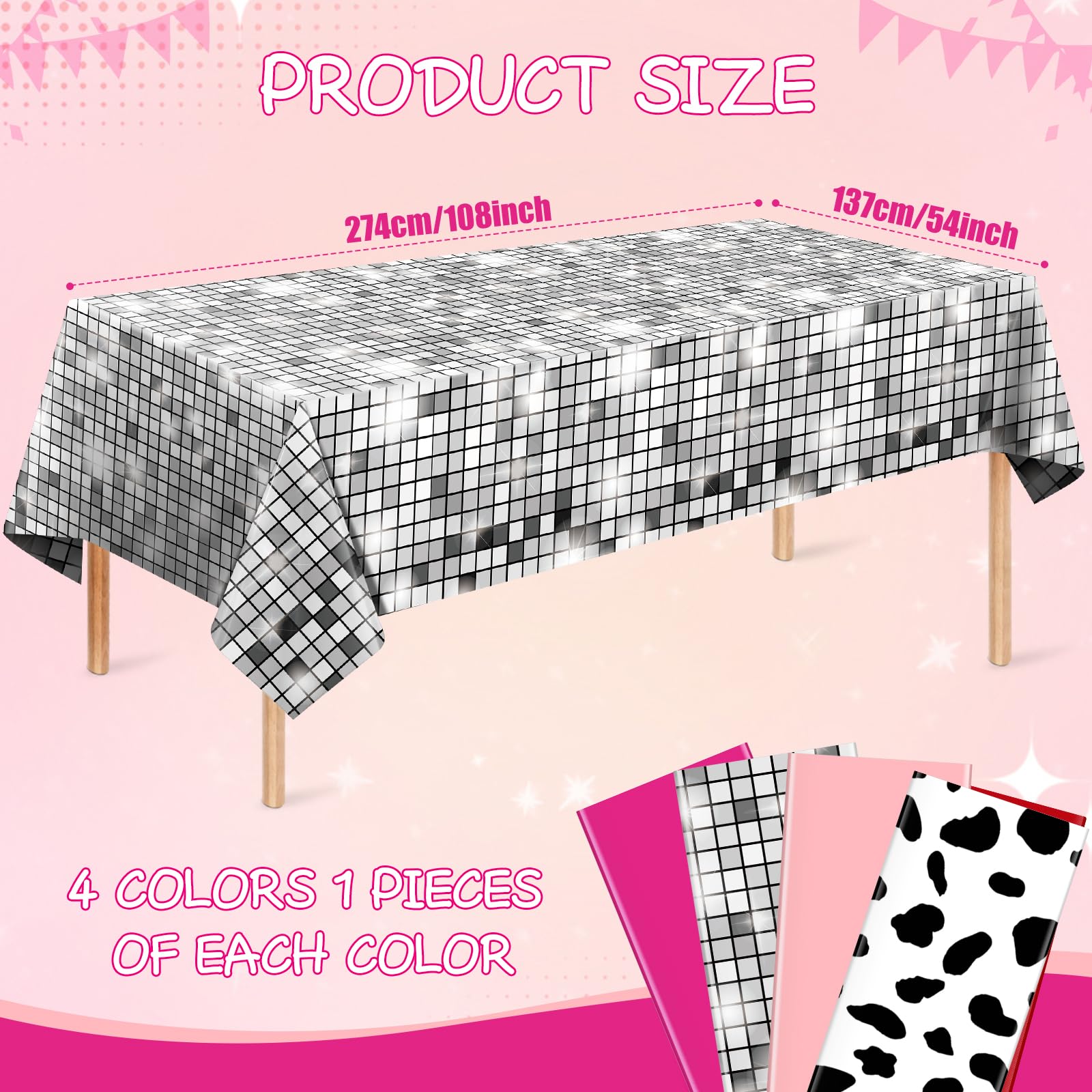 4 Pack Disco Cowgirl Tablecloth Party Decorations, Pink Cow Print Disposable Table Cover, Rectangle Table Cloth for Pink Cowgirl Birthday Disco Bachelorette Party Supplies Decorations, 54 x 108 Inch